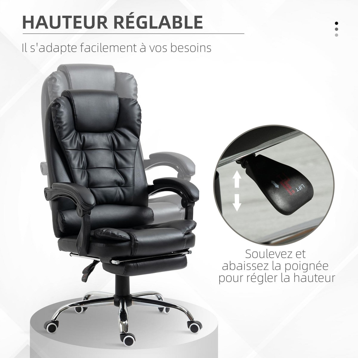 HOMCOM Fauteuil de bureau fauteuil manager grand confort réglable dossier inclinable repose-pied revêtement synthétique noir