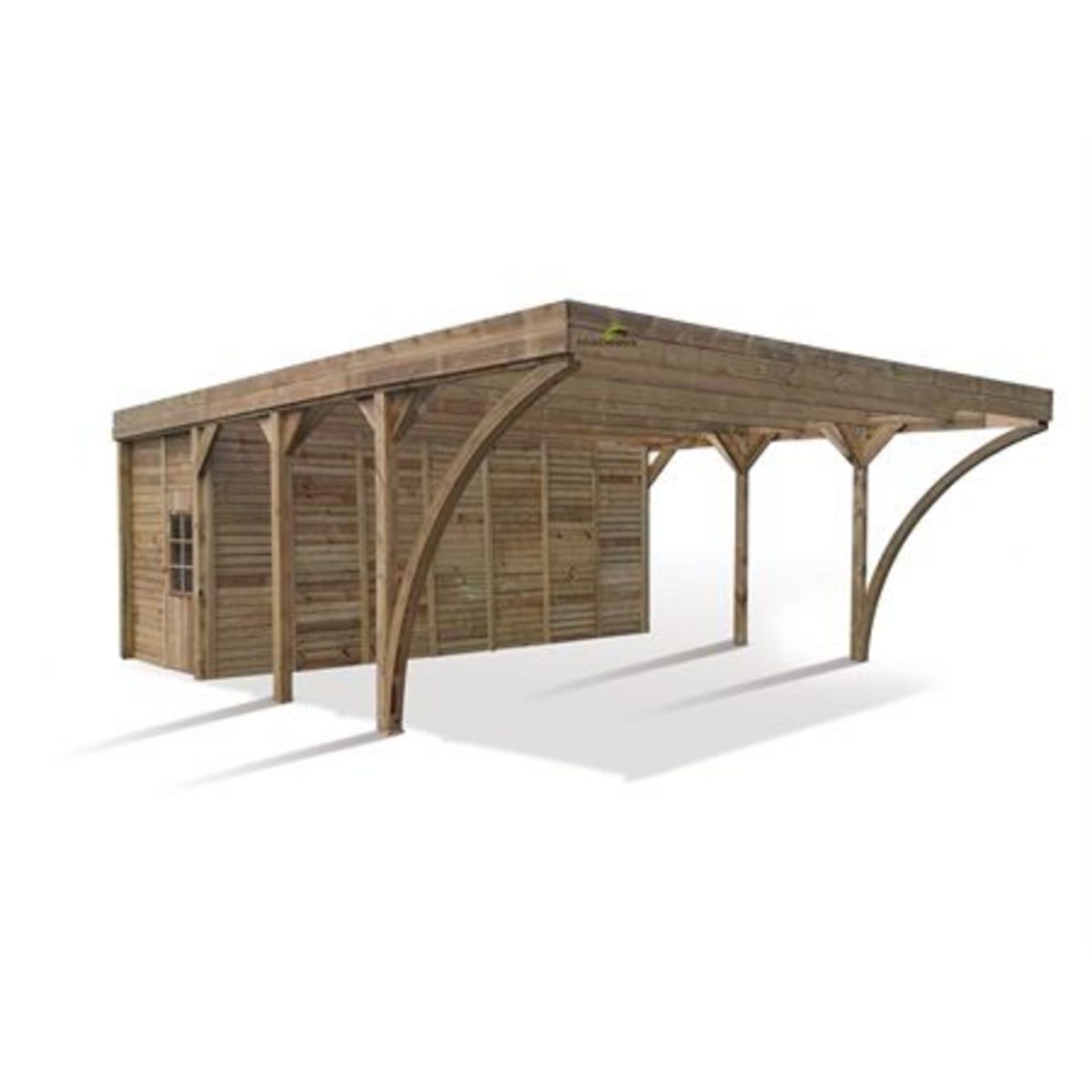 Carport bois 2 voitures toit plat avec remise de 10m²