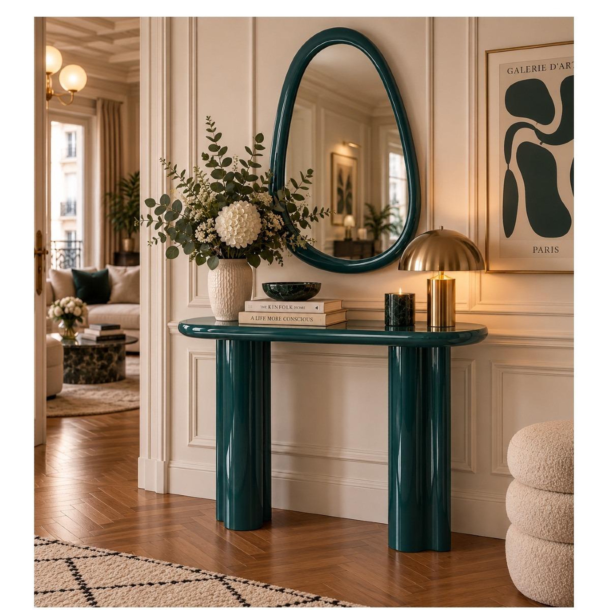 Voir la diapositive 2 : JLC KREATION Console design laquée bleu emeraude 120cm emeralda