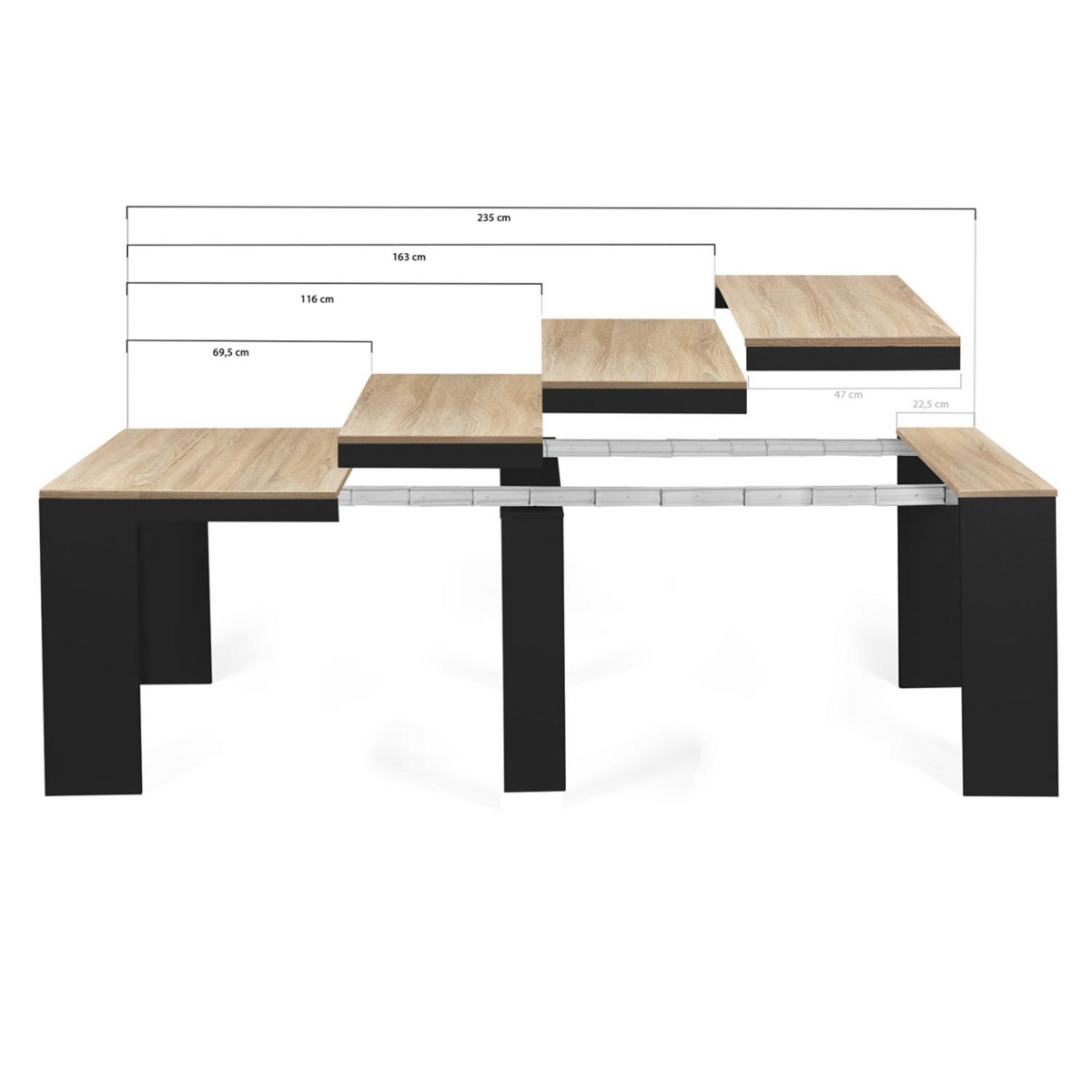 ID MARKET Table console extensible ORLANDO 10 personnes 235 cm bois noir et façon hêtre