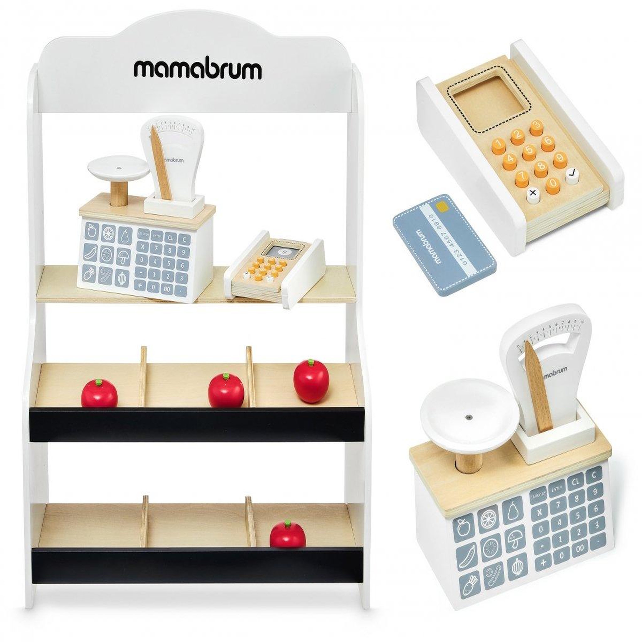 MAMABRUM Marchande Enfant en Bois 67 *46,5 *22 cm - Stand Vendeur Balance, Terminal avec Carte & 4 Pommes