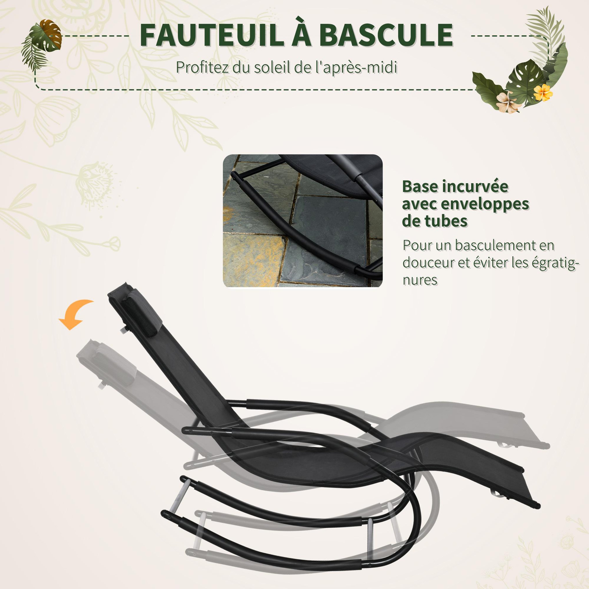 Voir la diapositive 4 : OUTSUNNY Chaise longue à bascule - rocking chair design - tétière, accoudoirs, assise dossier ergonomique - métal époxy textilène noir