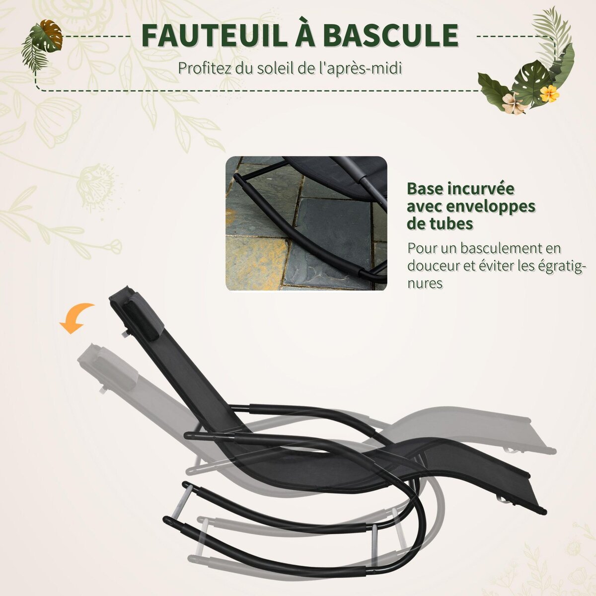 OUTSUNNY Chaise longue à bascule - rocking chair design - tétière, accoudoirs, assise dossier ergonomique - métal époxy textilène noir