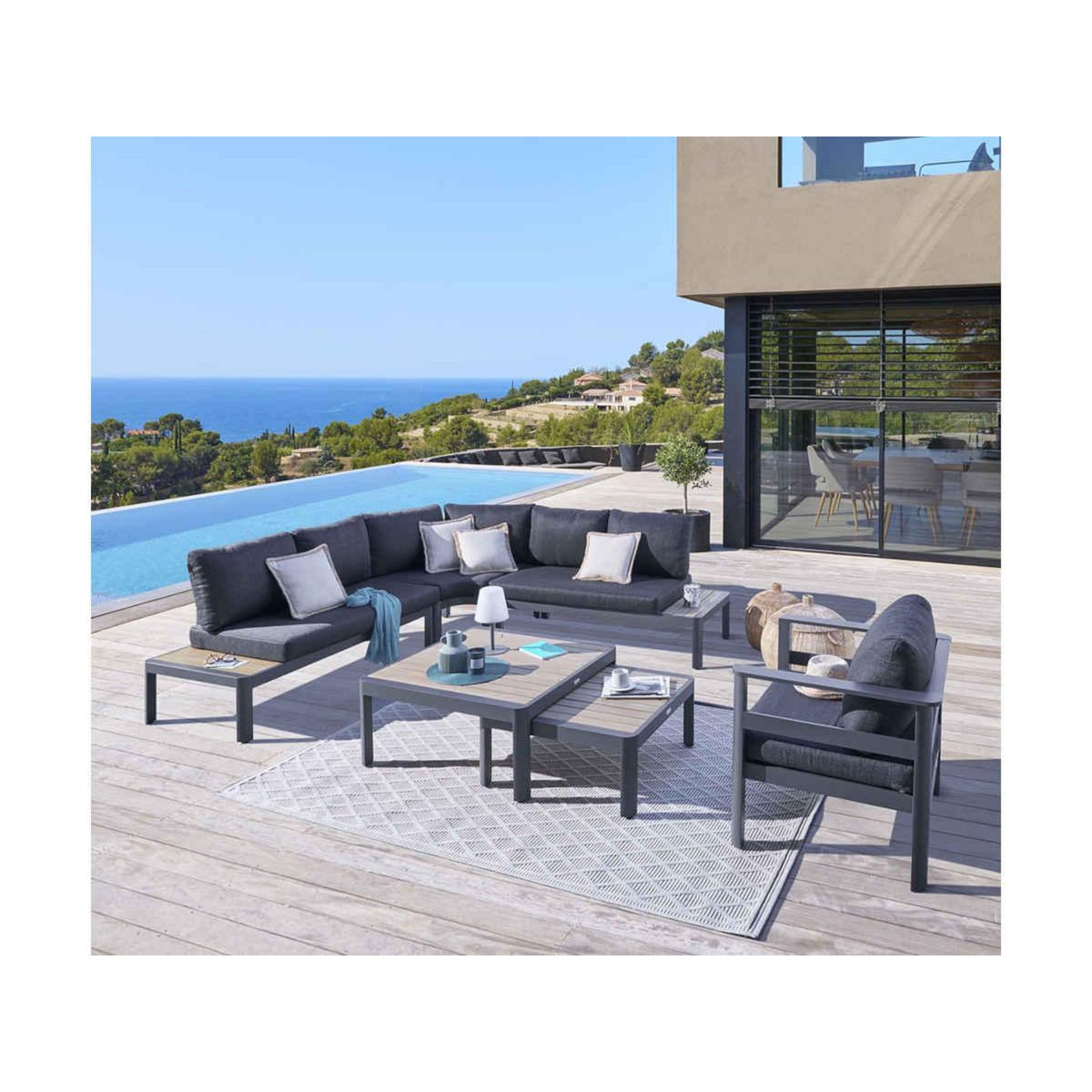 HESPERIDE Salon de jardin d'angle en aluminium Paradize graphite - 6 places - Hespéride