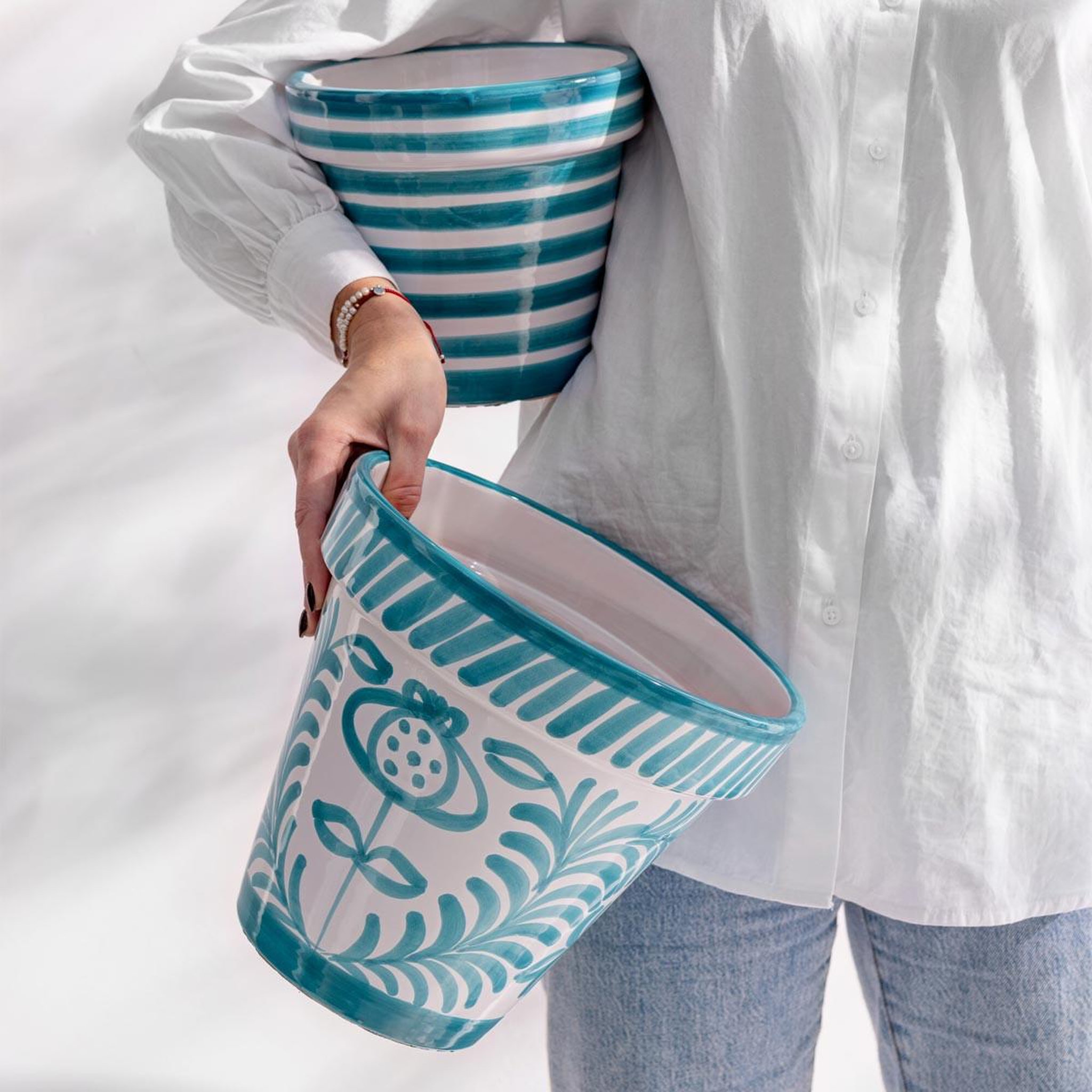 Voir la diapositive 4 : J-LINE Pot avec soucoupe en céramique  granada  50cm bleu aqua