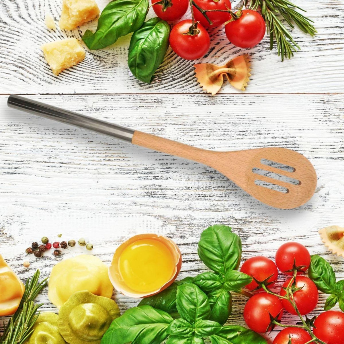 Fackelmann Ensemble de 2 Cuillères en bois ajourée avec manche inox 34 cm en tout Fackelmann Boissellerie