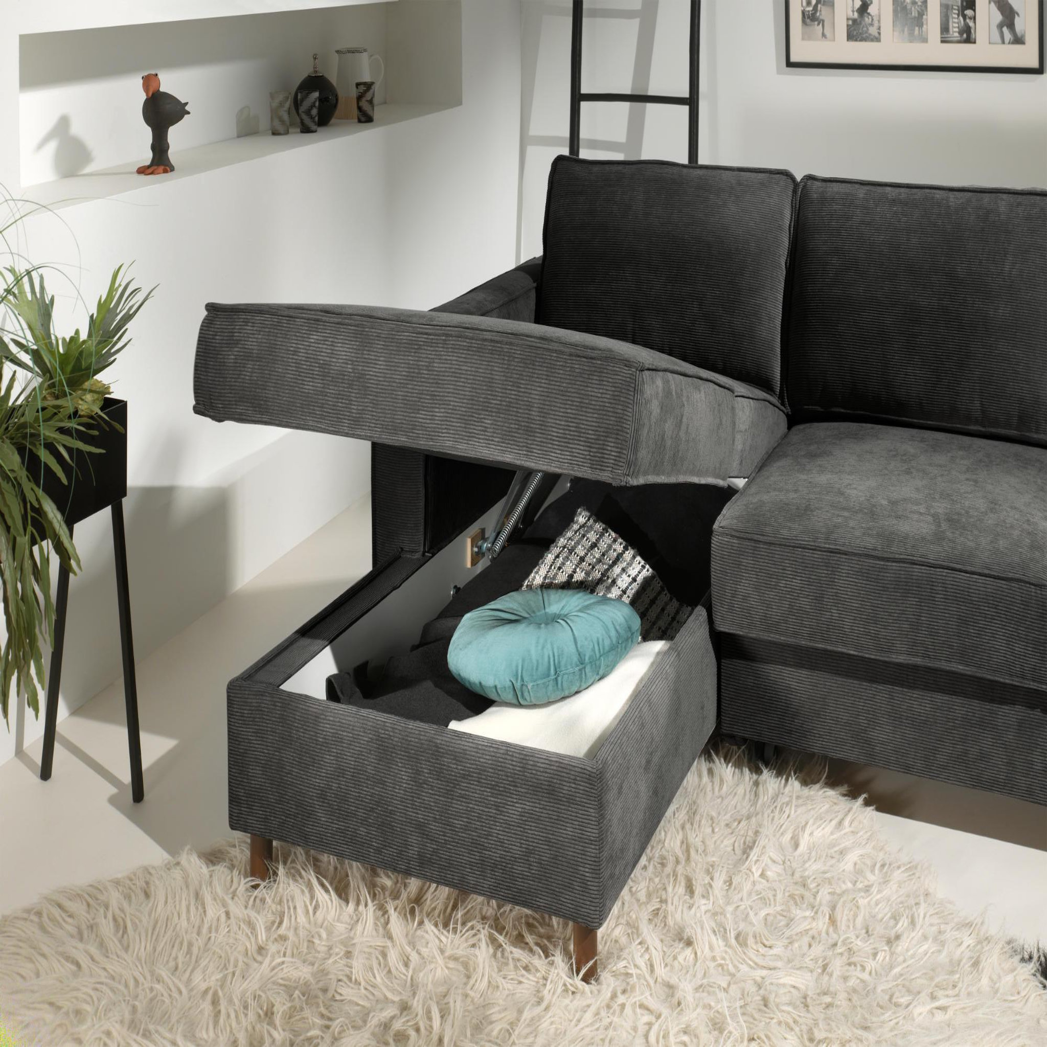 Voir la diapositive 3 : BEST MOBILIER Jake - canapé d'angle gauche - convertible avec coffre - 4 places - en velours côtelé