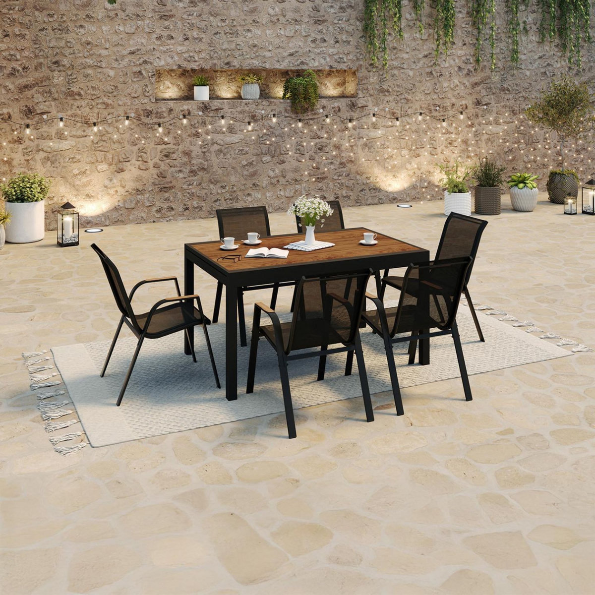 ID MARKET Salon de jardin NOUMEA table extensible 135/270 cm plateau effet bois et 12 chaises empilables noir et bois