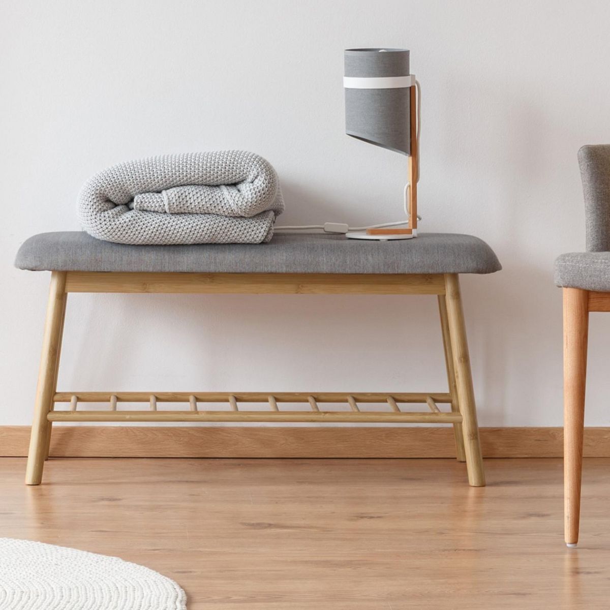 ID MARKET Banc d'entrée capitonné bambou RITA tissu gris clair