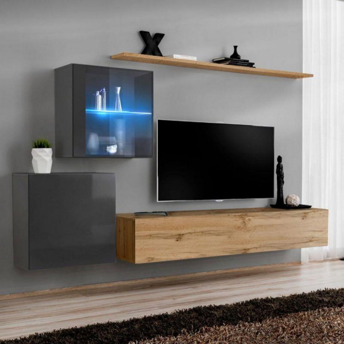 Paris Prix Meuble TV Mural Design  Switch XV  260cm Naturel & Gris