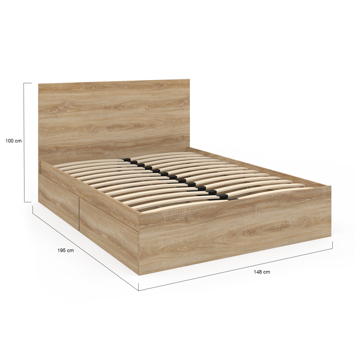 ID MARKET Lit double OMAHA 4 tiroirs sur roulettes avec tête de lit et sommier 140 x 190 cm façon hêtre