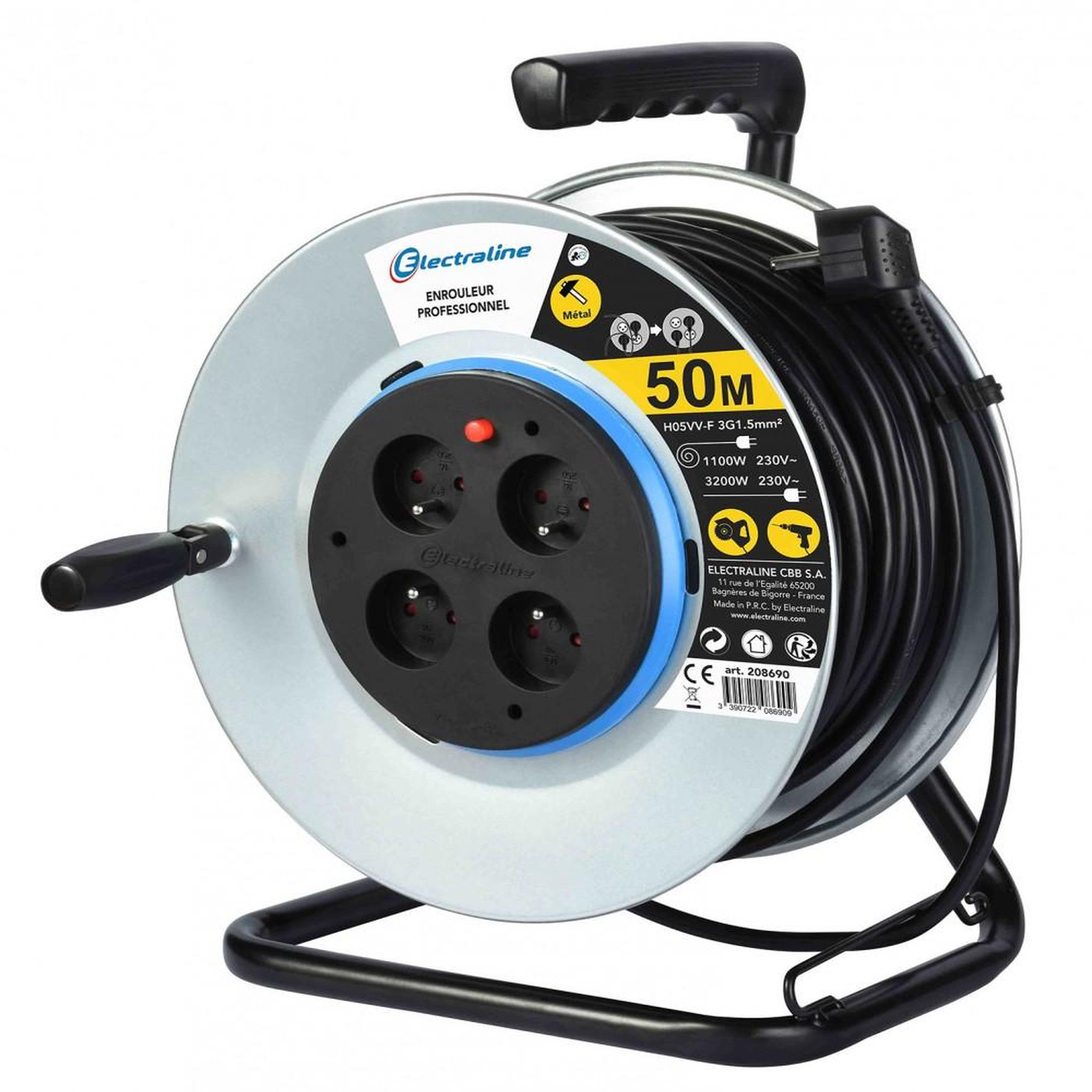 Electraline Enrouleur de câble électrique bricolage avec terre L. 50 m ho5vvf 3g1.5