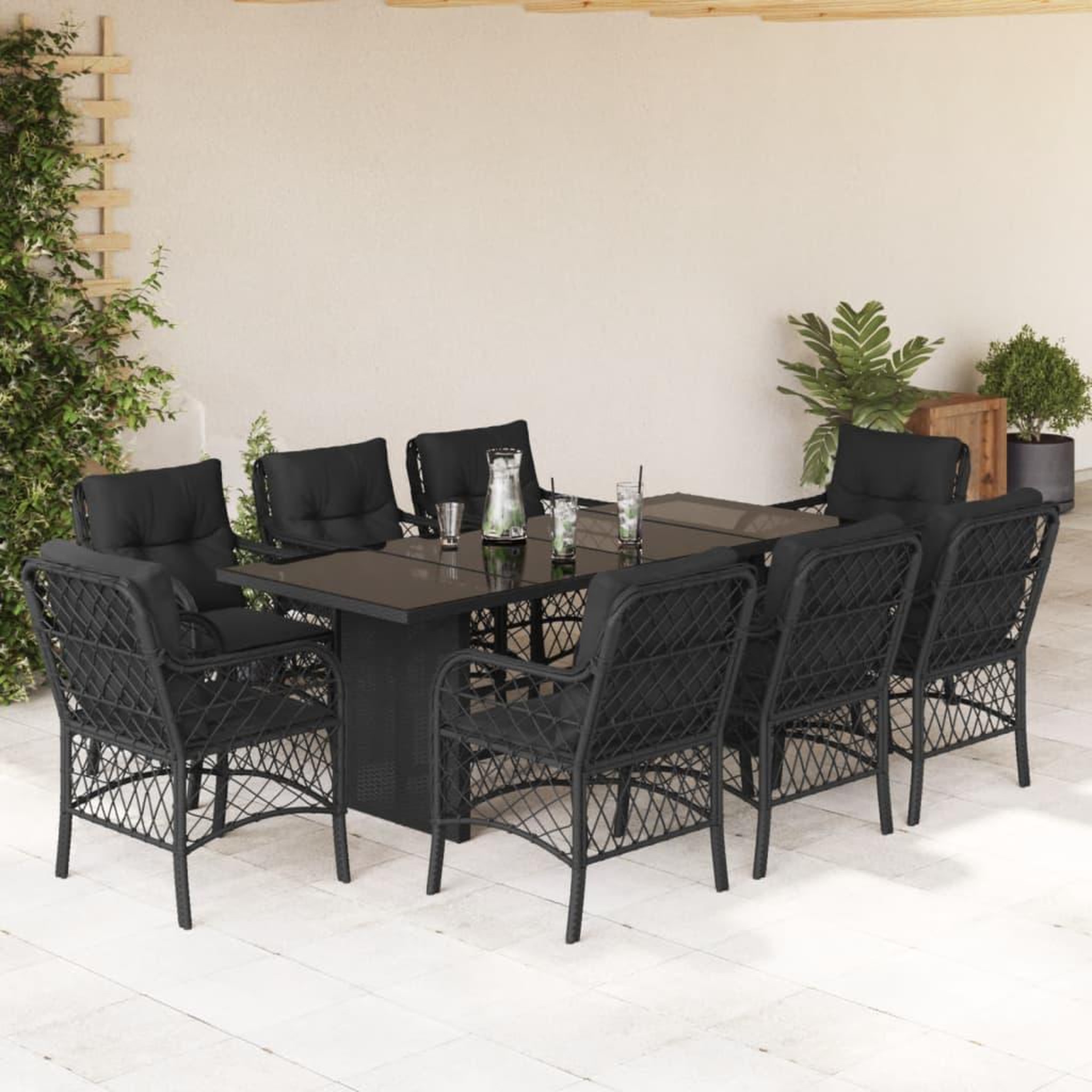 VIDAXL Ensemble a manger de jardin 9pcs coussins noir resine tressee