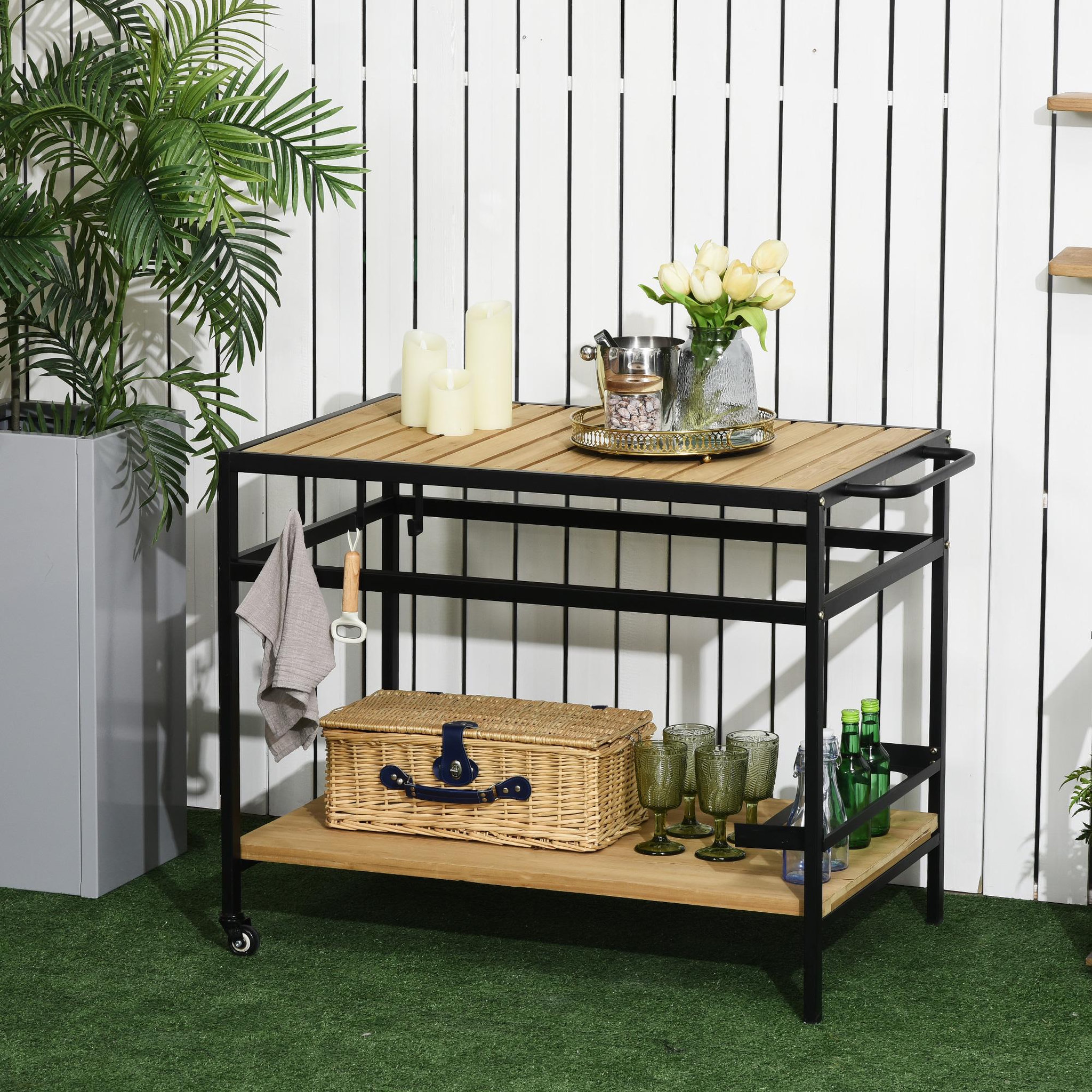 Voir la diapositive 2 : OUTSUNNY Desserte de jardin chariot pour plancha barbecue en bois et métal avec 2 étagères et 3 crochets - 107 x 65 x 80 cm noir naturel
