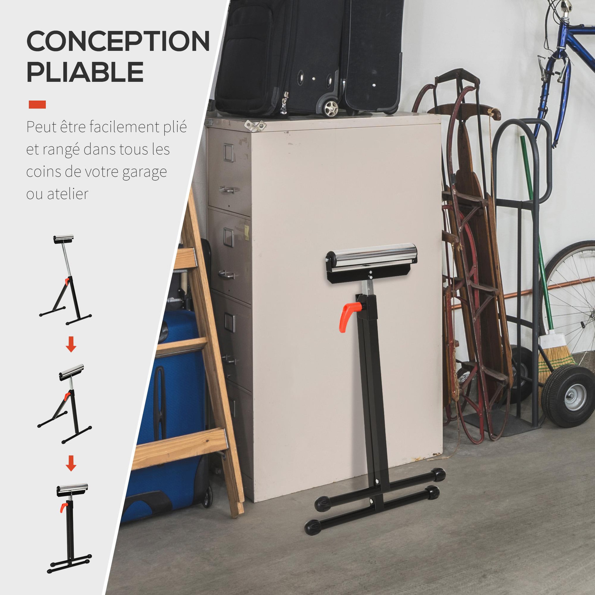 Voir la diapositive 4 : HOMCOM Servante à rouleau pliable - servante d'atelier à rouleau - max 90 Kg - H. 68-110 cm - métal rouge noir