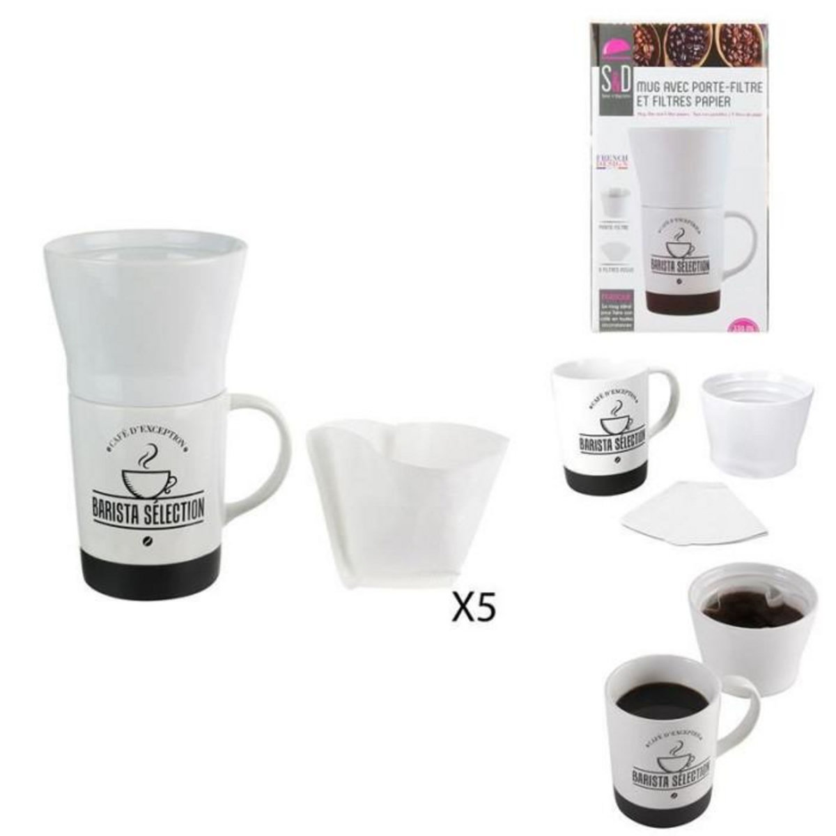 Paris Prix Mug avec Porte Filtre & Filtres  Barista  18cm Blanc