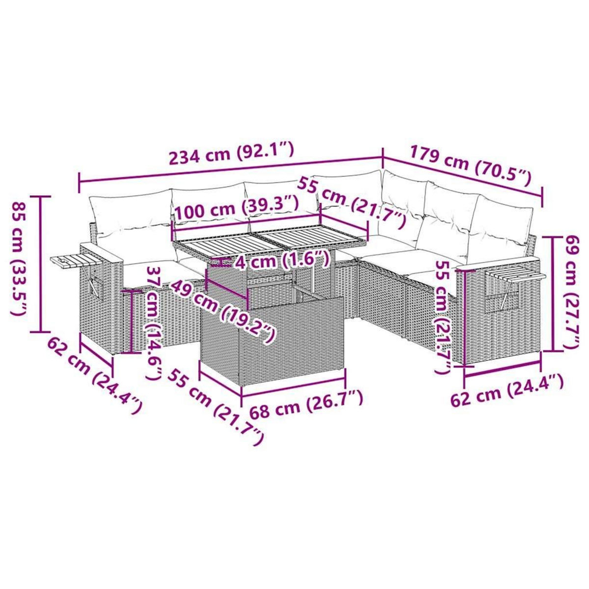 VIDAXL Salon de jardin avec coussins 7 pcs noir resine tressee acacia