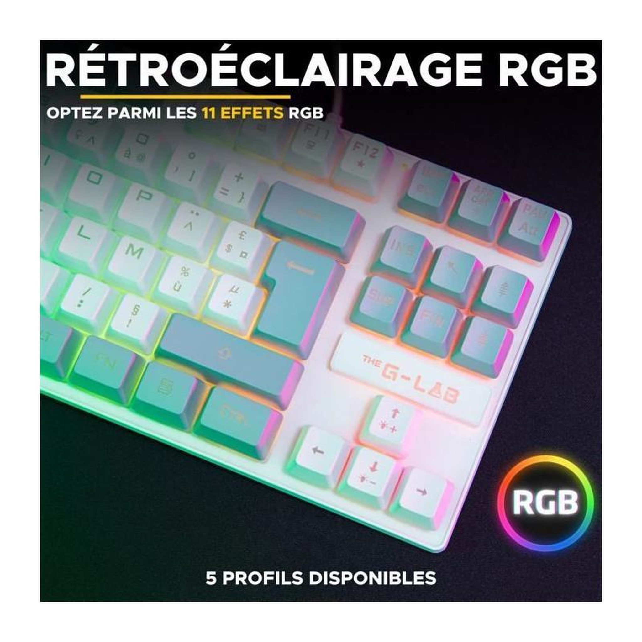 Voir la diapositive 2 : THE G-LAB Clavier Gamer - The G-Lab - KEYZ CAESIUM - RGB - Blanc & gris - TKL