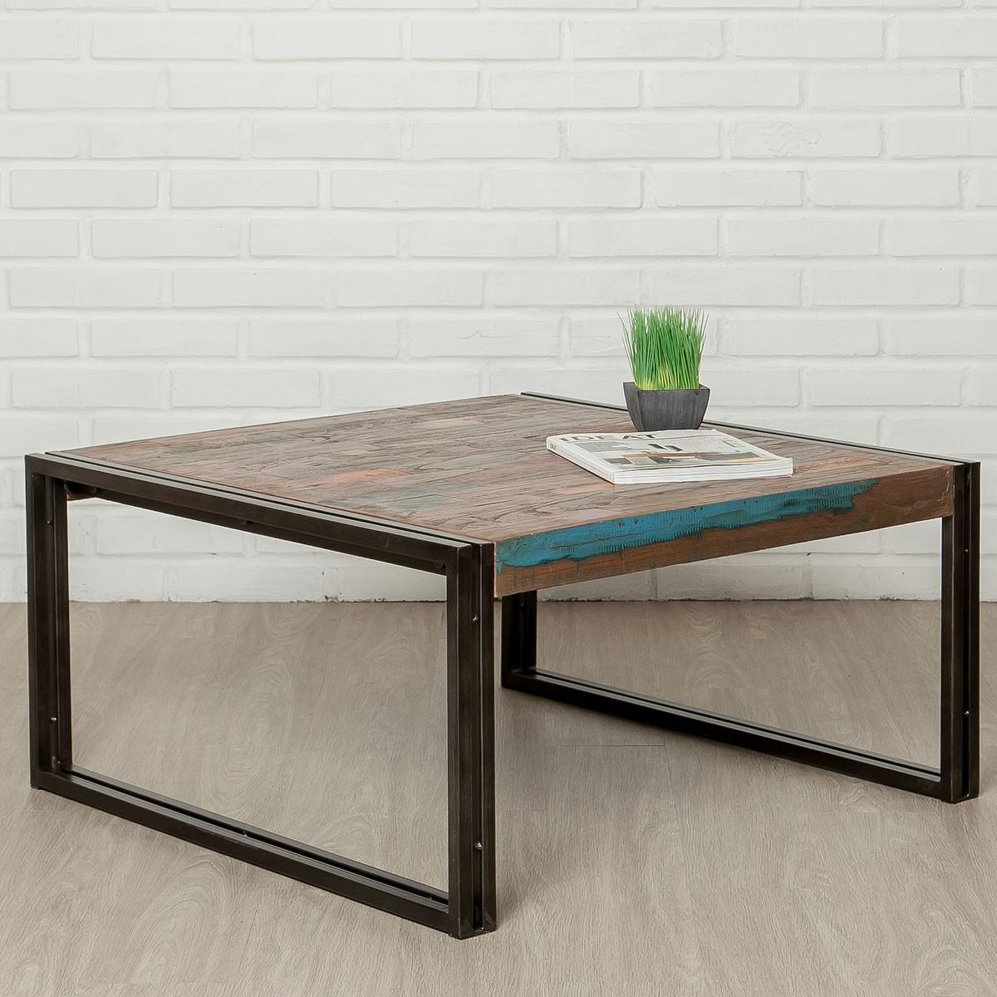 Voir la diapositive 2 : Paris Prix Table Basse Carré en Teck Industriel  Loft  80cm Naturel