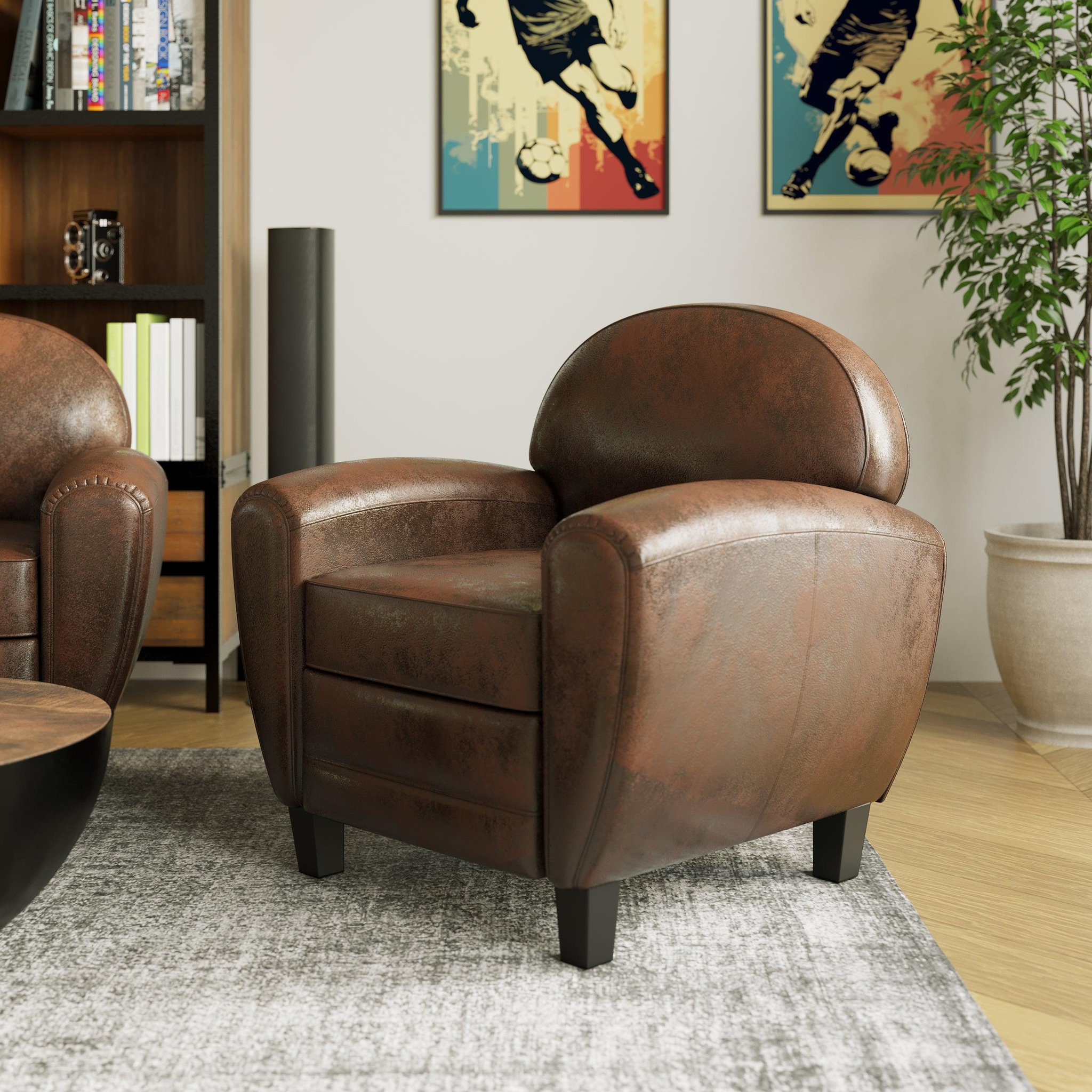 Voir la diapositive 2 : MAISON PAVANE Fauteuil marron vieilli en microfibre-club
