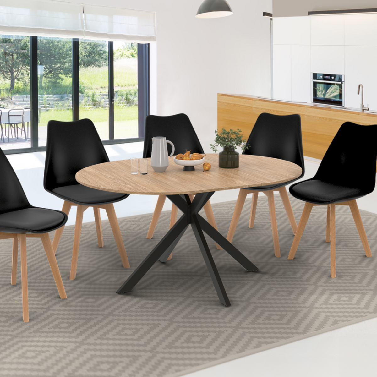 ID MARKET Table à manger extensible ronde ALIX 4-8 personnes pied araignée bois et noir 110-150 cm