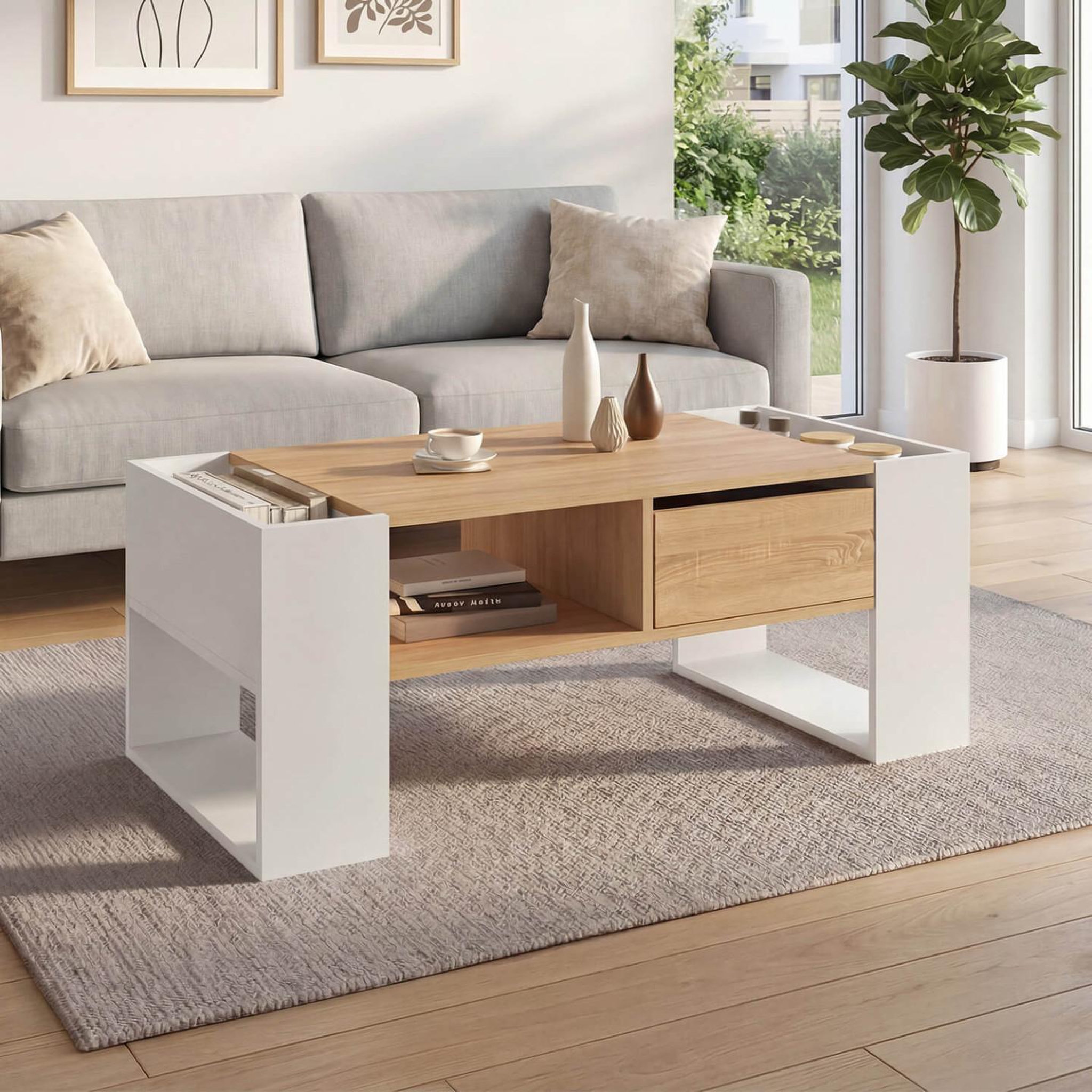 Voir la diapositive 2 : ID MARKET Table basse rectangulaire beryl avec tiroir bois blanc et façon hêtre