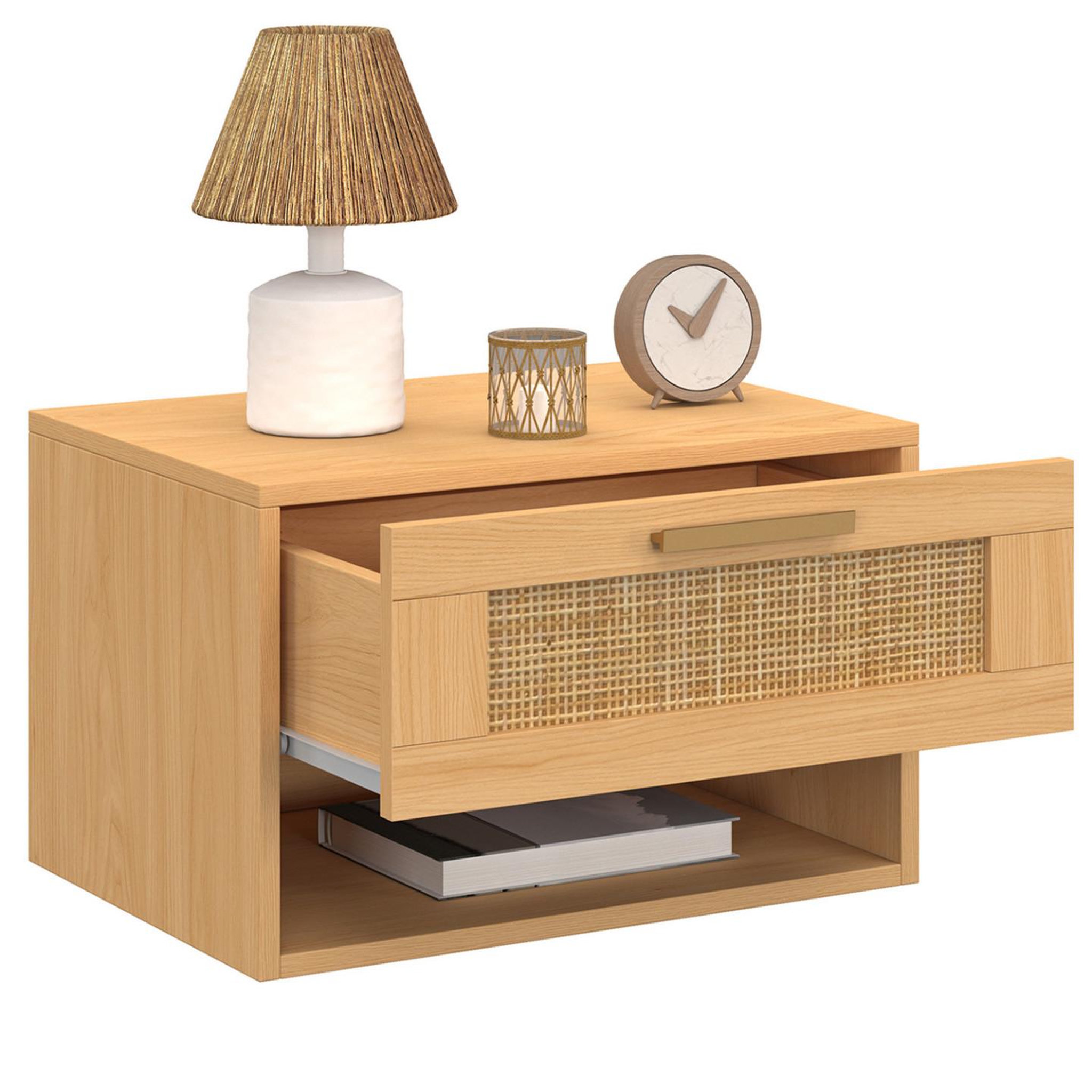 Voir la diapositive 6 : ID MARKET Lot de 2 tables de chevet murales robert 1 tiroir avec niche effet naturel cannage et bois