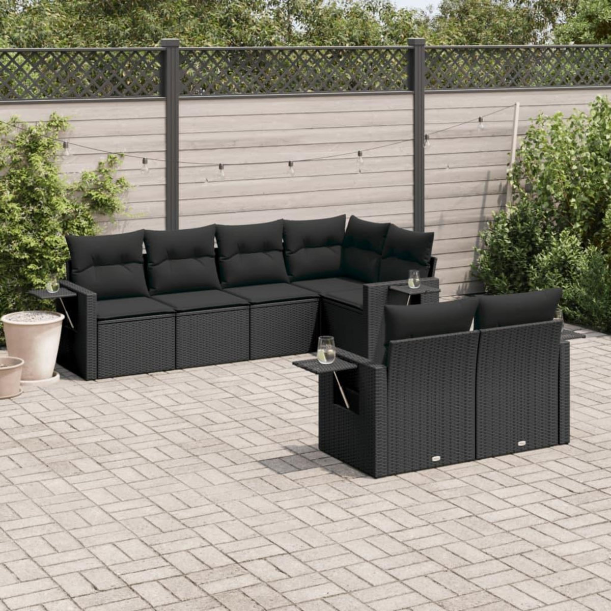 VIDAXL Salon de jardin 7 pcs avec coussins noir resine tressee