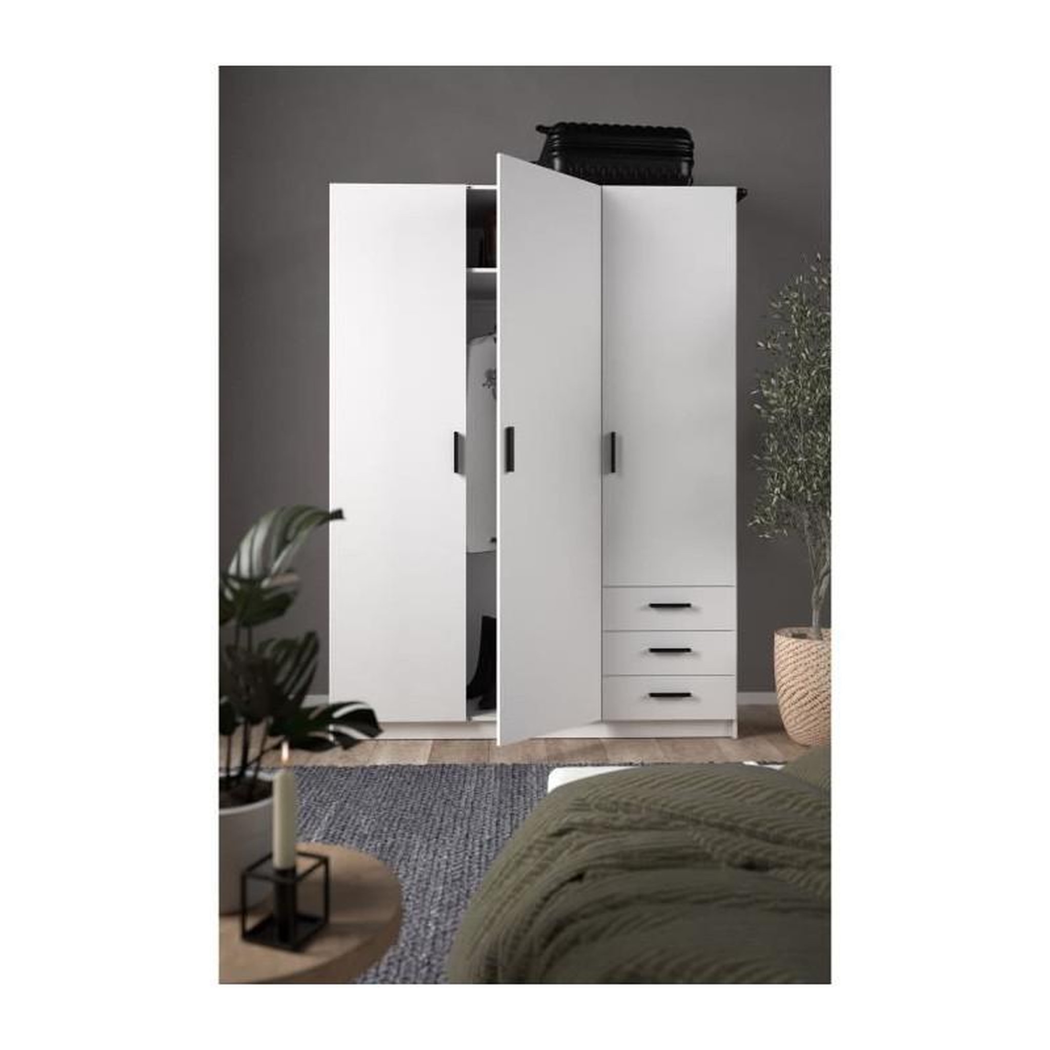 Voir la diapositive 2 : TVILUM Armoire VEGA - Décor Blanc mat - 3 portes + 3 tiroirs - L 147 x P 49,6 x H 200,4 cm - TVILUM