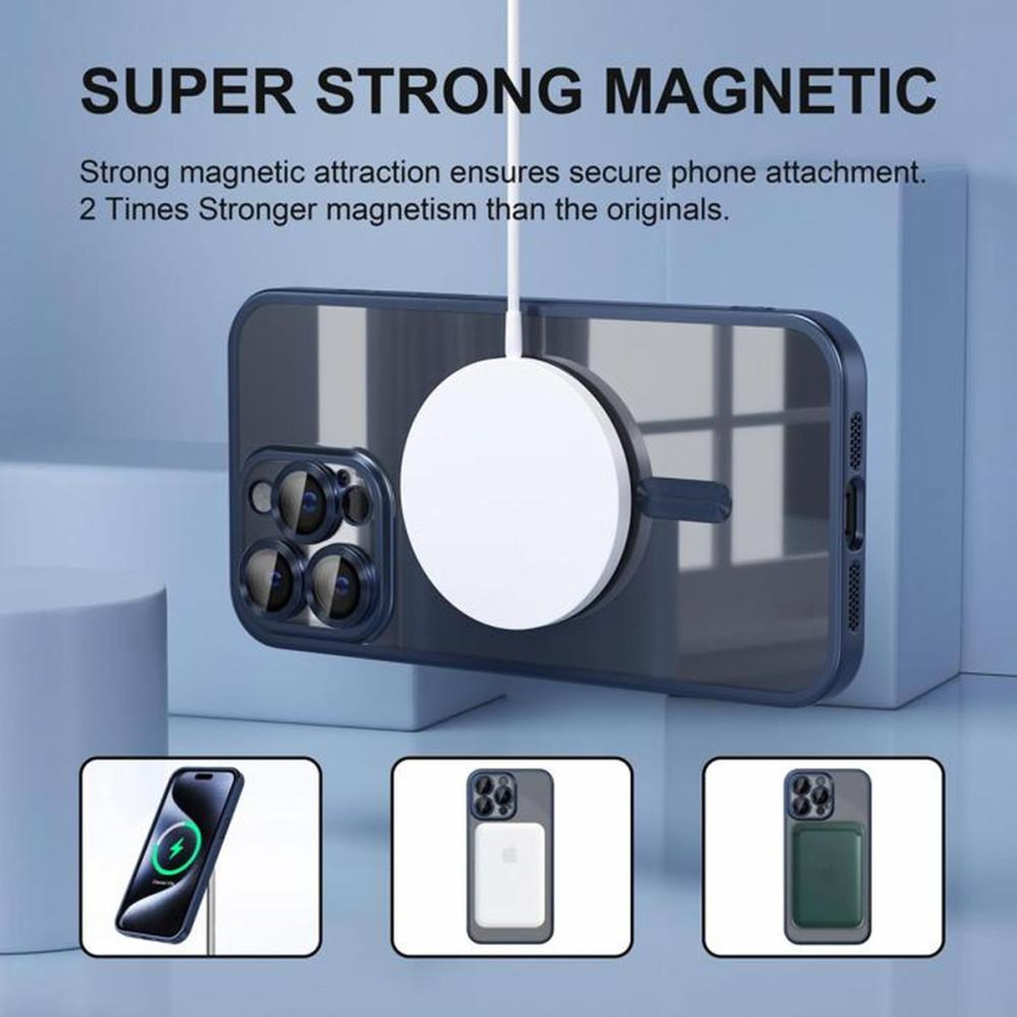 Voir la diapositive 4 : Coque bumper magnétique TPU pour iPhone 13 Pro Max, transparente bleu, protection anti-chute style militaire, résistante aux UV anti-jaunissement, accès boutons et ports, alignement recharge sans fil