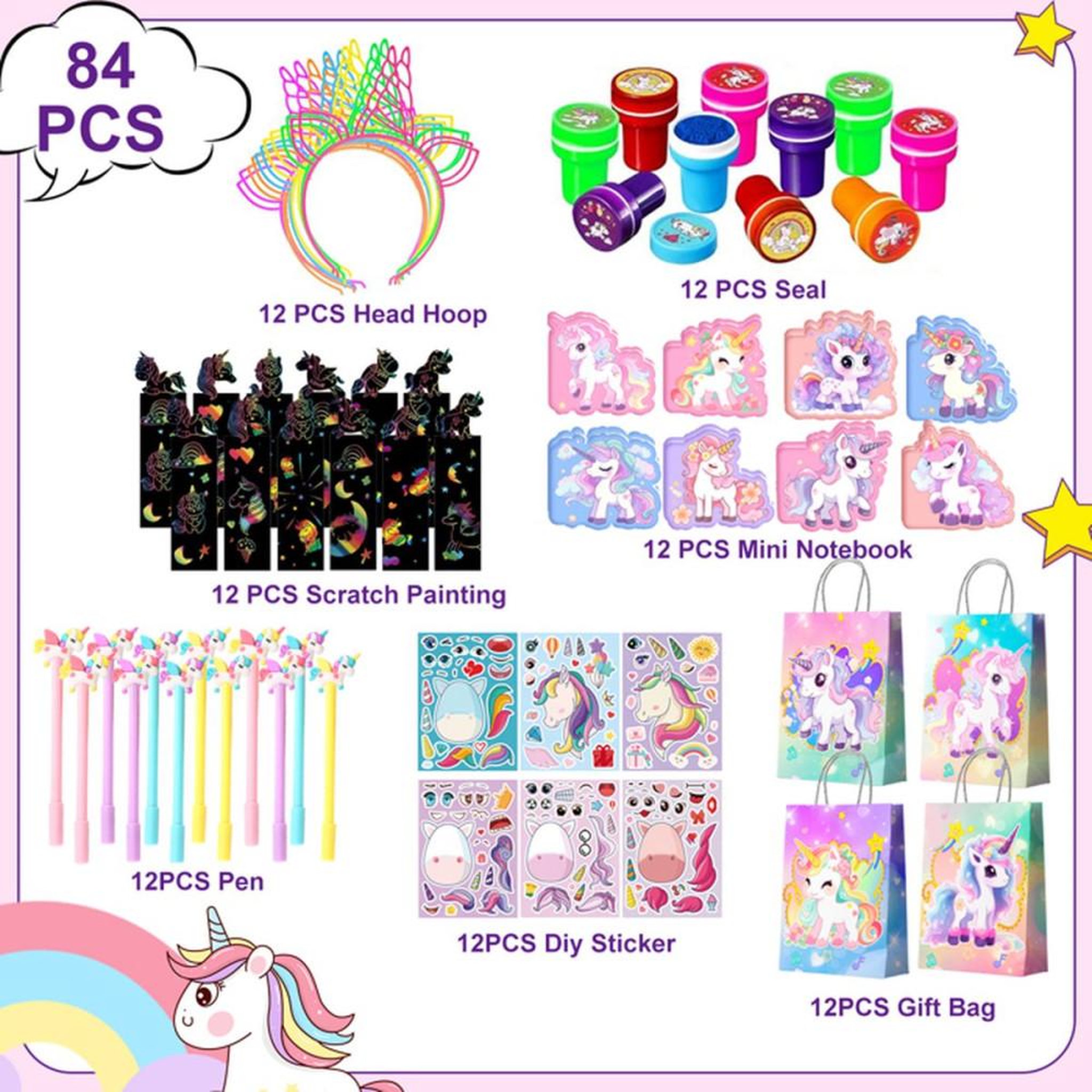 Voir la diapositive 2 : Kit de remplissage sac cadeau licorne multicolore, set 108 pièces pour enfants