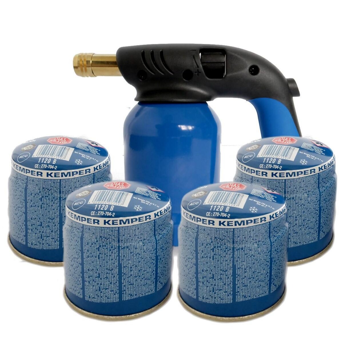 Kemper Lampe a souder Coque Acier Allumage piezo + 4 Cartouches de gaz 190gr STOP GAZ Perçables KEMPER