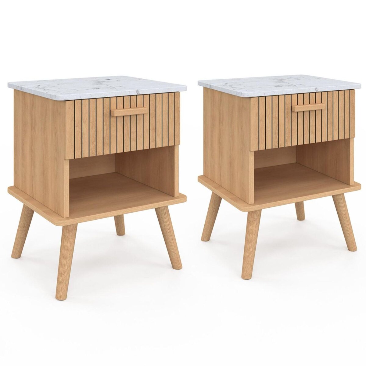 ID MARKET Lot de 2 tables de chevet JULIETTE plateau effet marbre 1 tiroir avec niche lattes tasseau bois