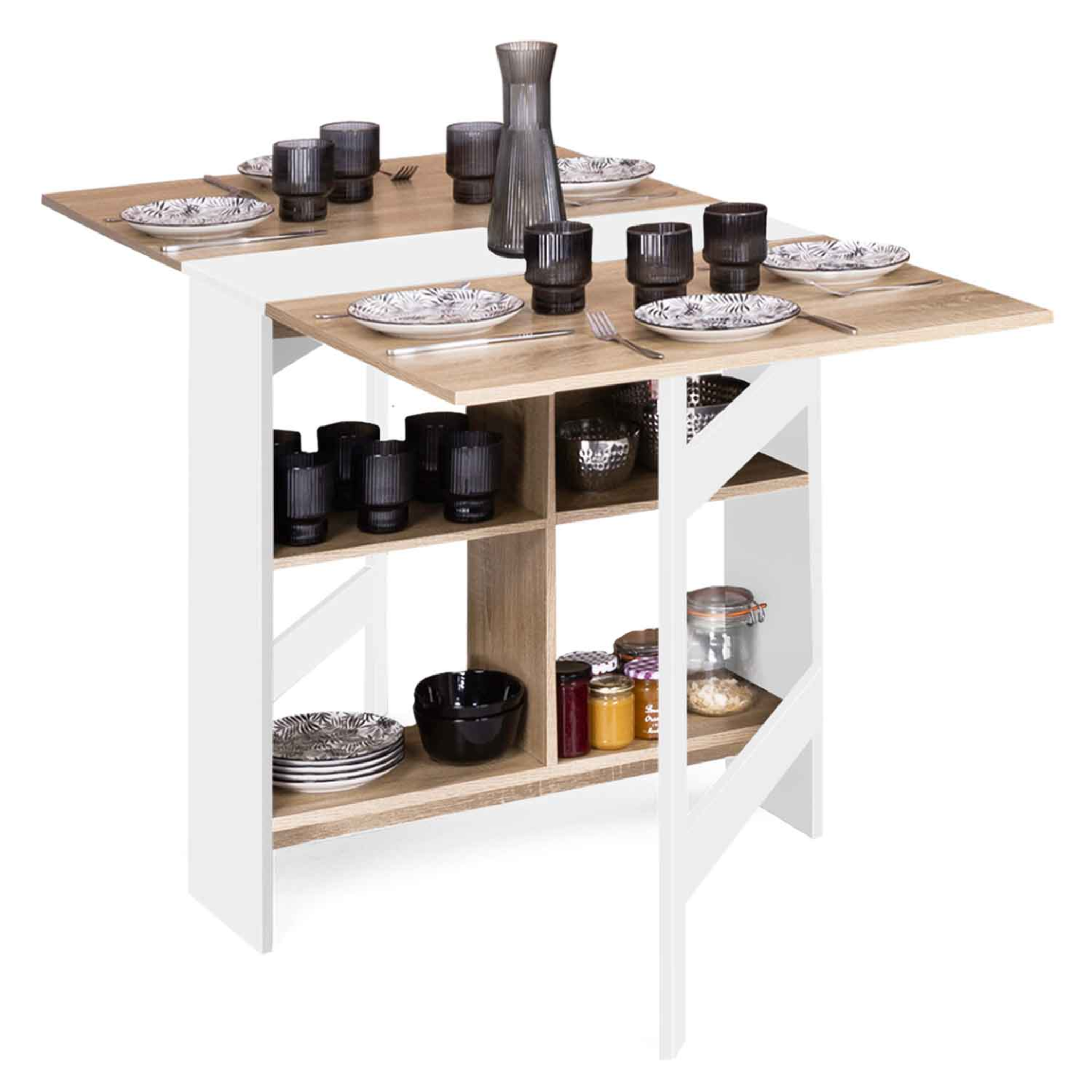 Voir la diapositive 5 : ID MARKET Table console pliable edi 2-6 personnes avec rangements bois blanc plateau façon hêtre 150 x 80 cm
