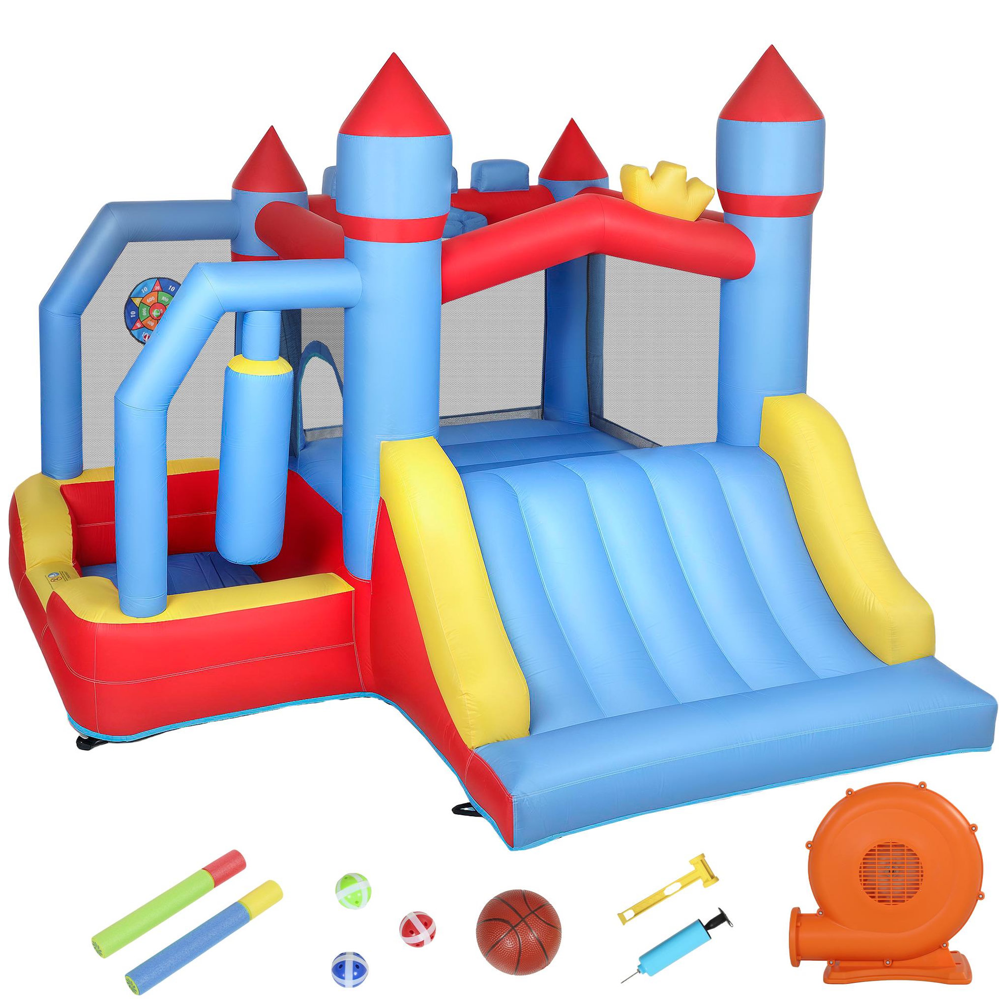 HOMCOM Château gonflable 5 en 1 piscine toboggan trampoline panier de basket sac de frappe