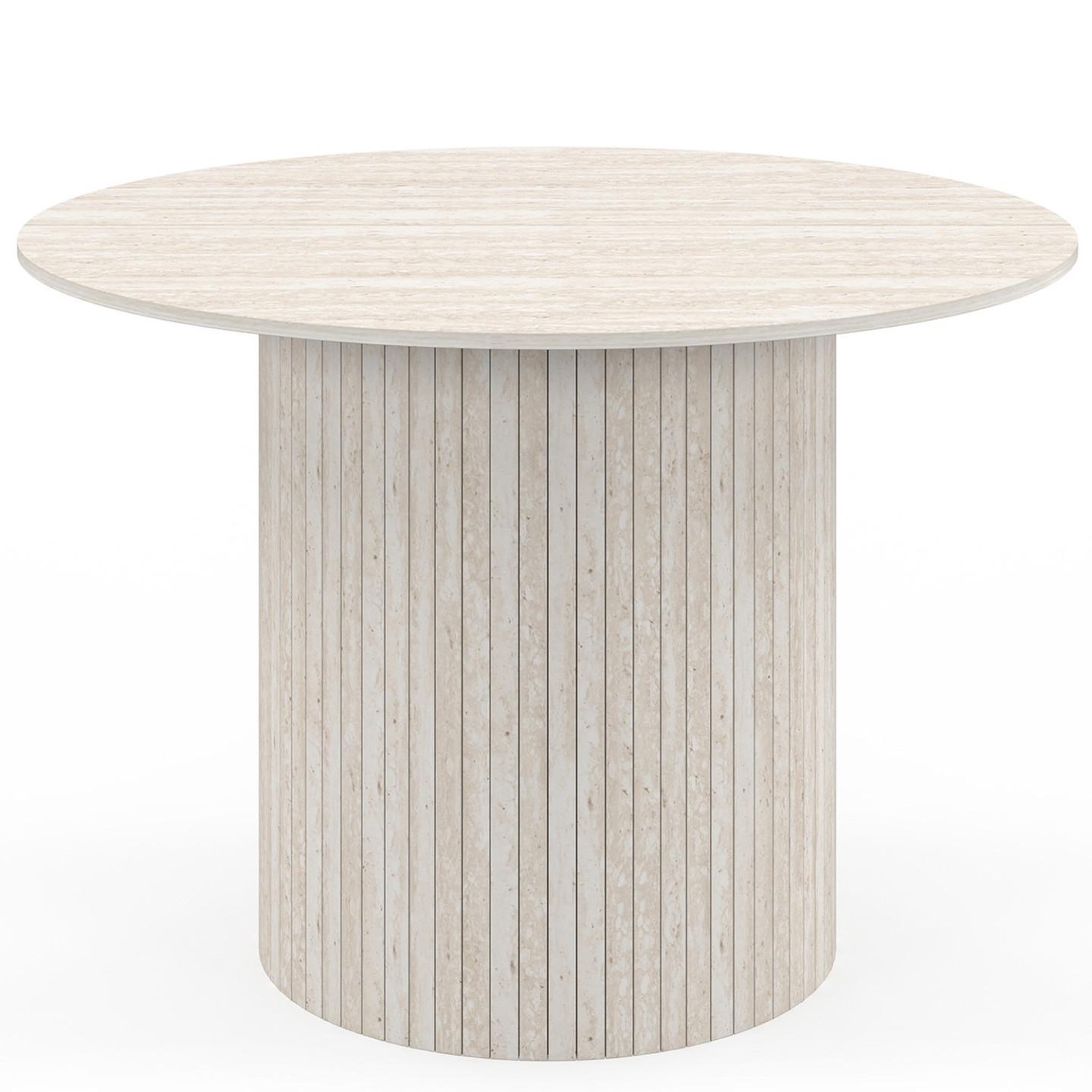 Voir la diapositive 3 : ID MARKET Table à manger ronde juliette 6 personnes pied central effet lattes façon travertin 110 cm