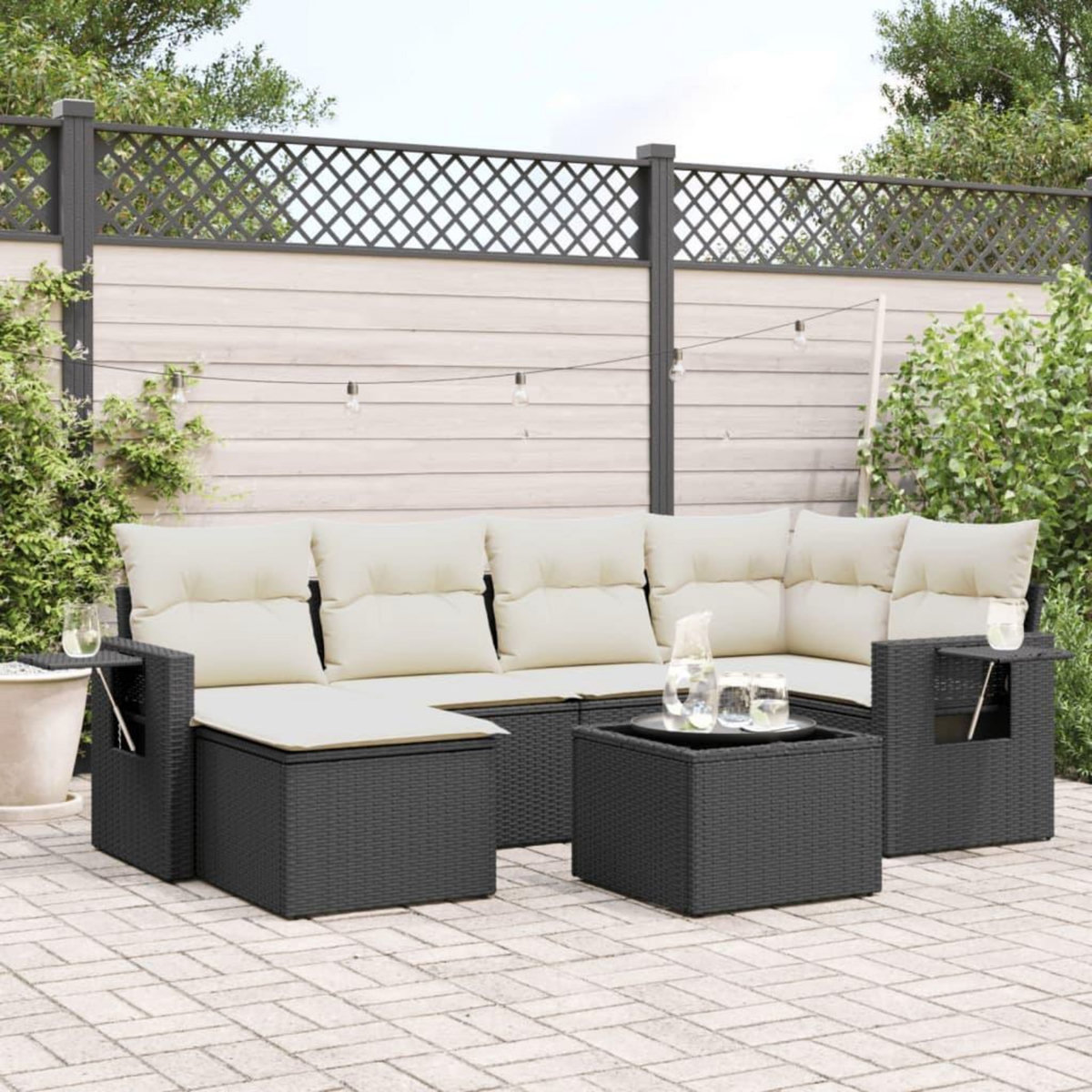 VIDAXL Salon de jardin 7 pcs avec coussins noir resine tressee