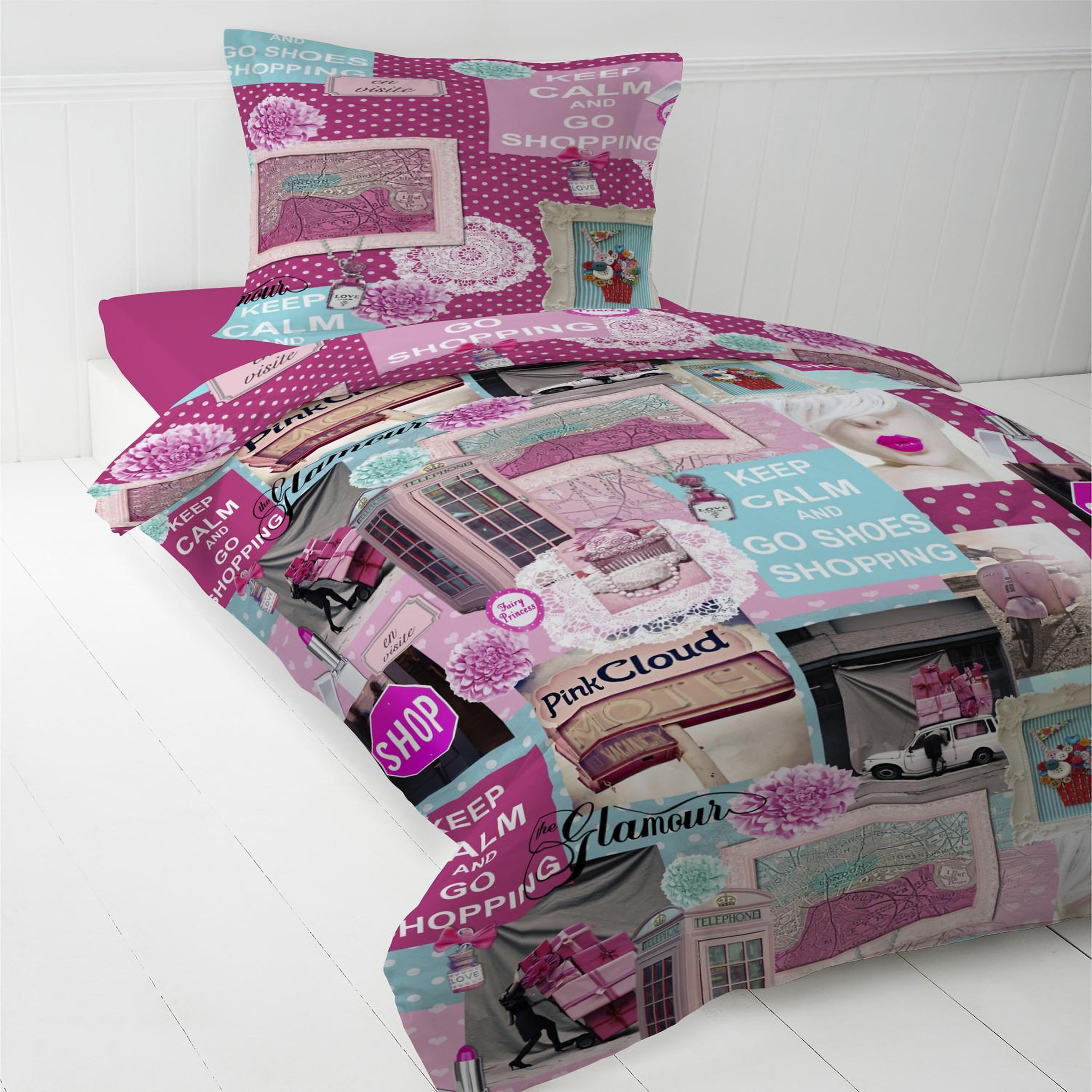 Voir la diapositive 3 : Home collection Parure housse de couette 140x200cm 100%coton happy dessin pink shopping