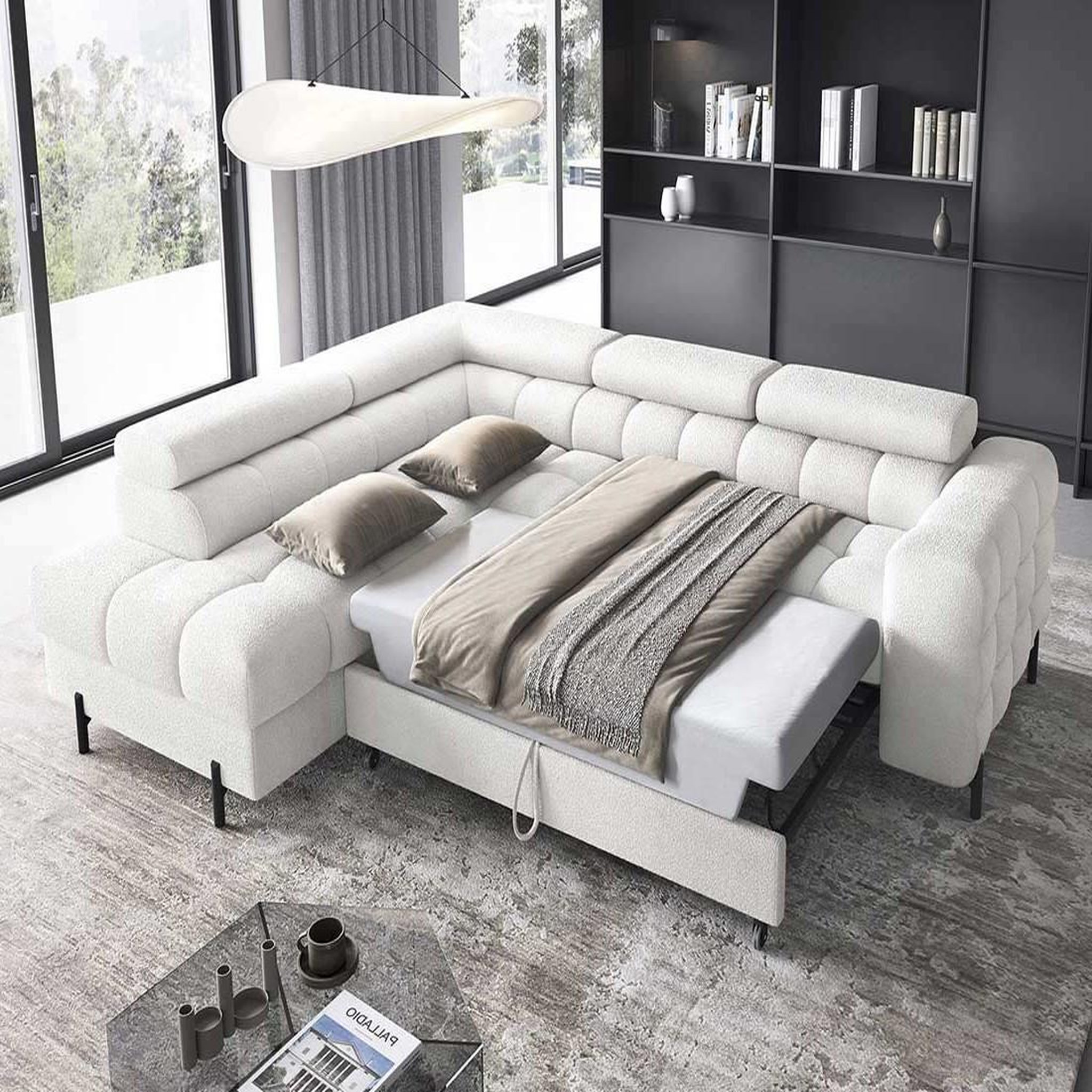 Voir la diapositive 2 : BEST MOBILIER Elisa - canapé d'angle gauche 5 places convertible avec coffre et têtières réglables en tissu bouclette