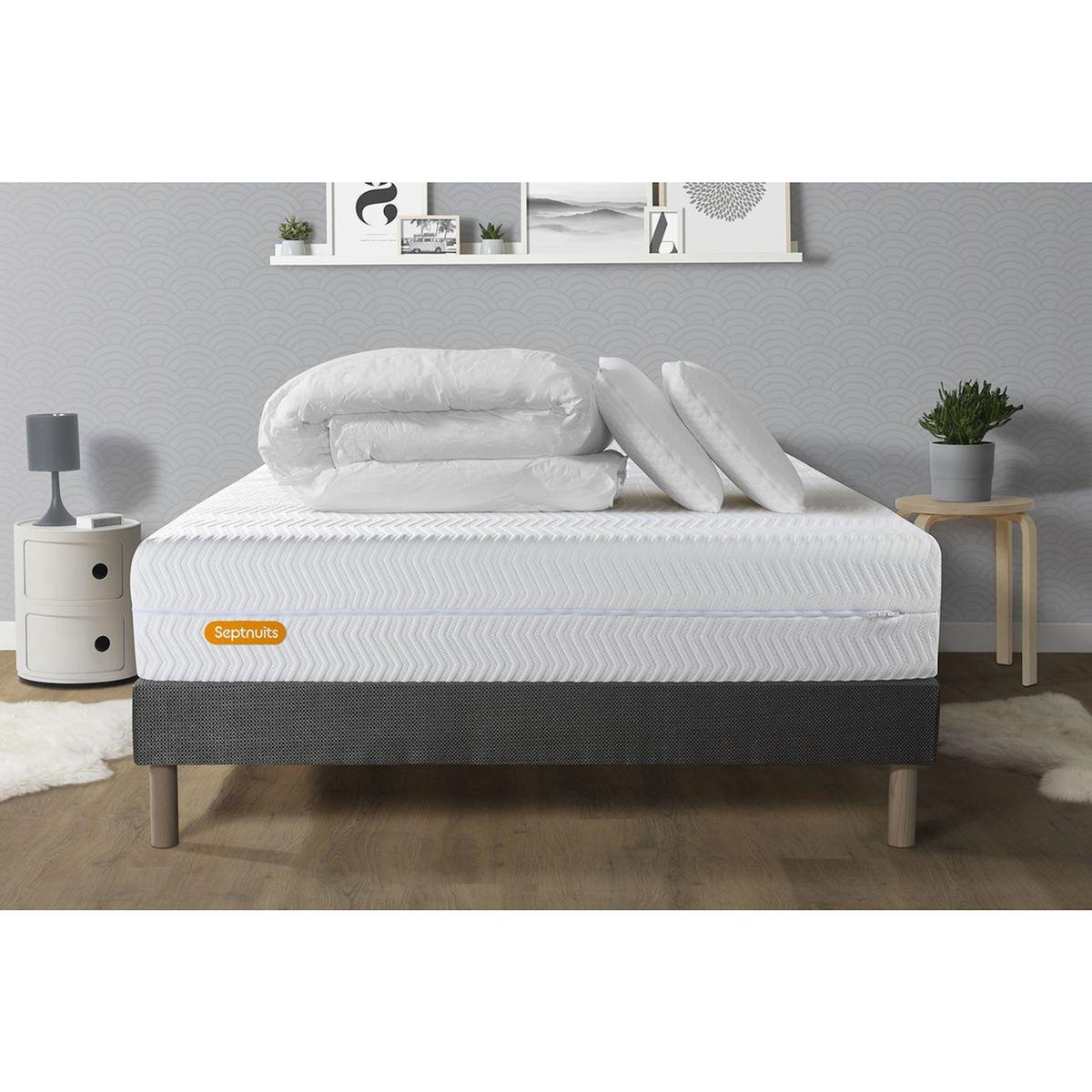SEPTNUITS PACK Matelas + sommier gris Memo Bio  Mousse à mémoire de forme 5 zones de confort Maxi épaisseur + Couette + 2 oreiller