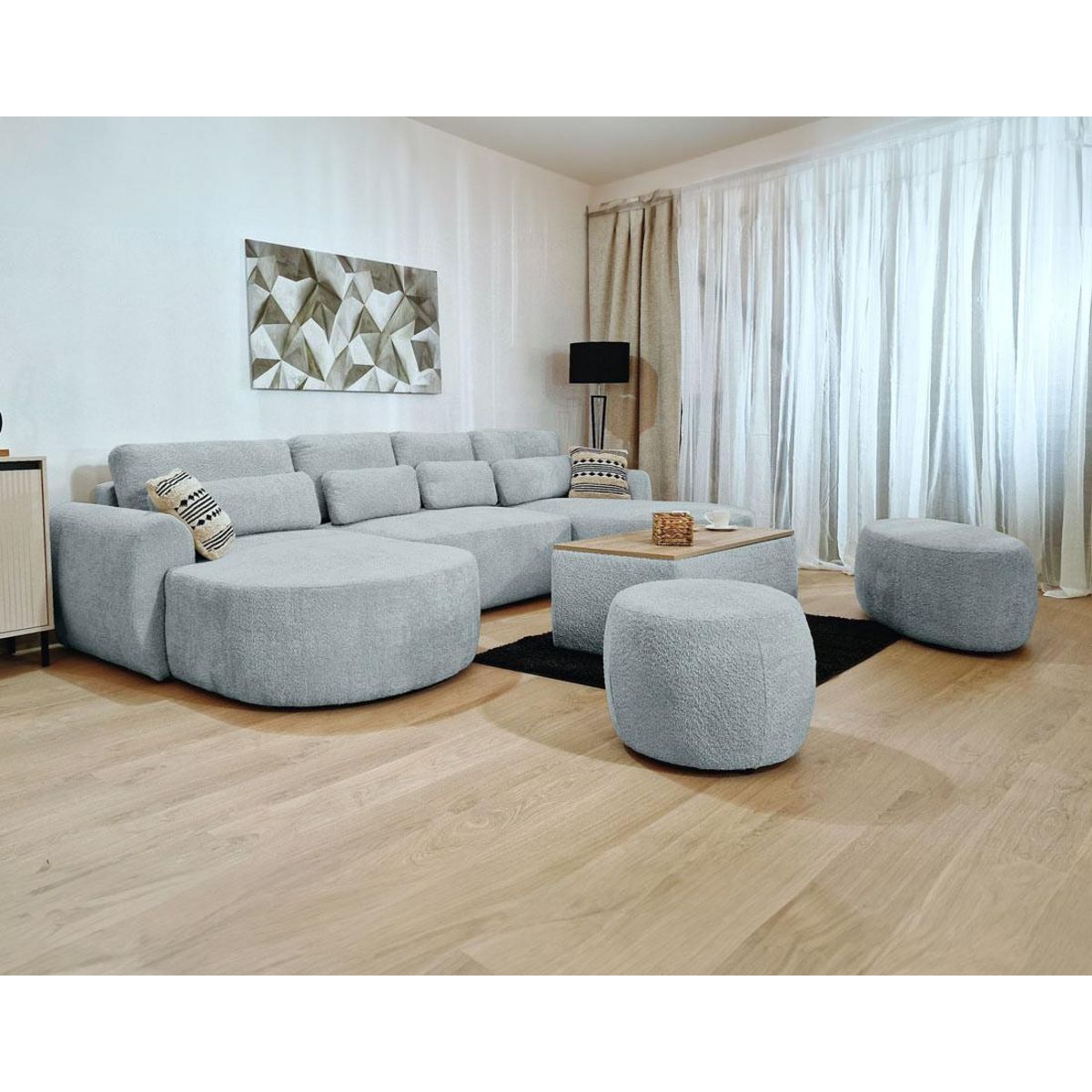 BEST MOBILIER Mahina - canapé panoramique en u 7 places - convertible avec coffre - en tissu bouclette