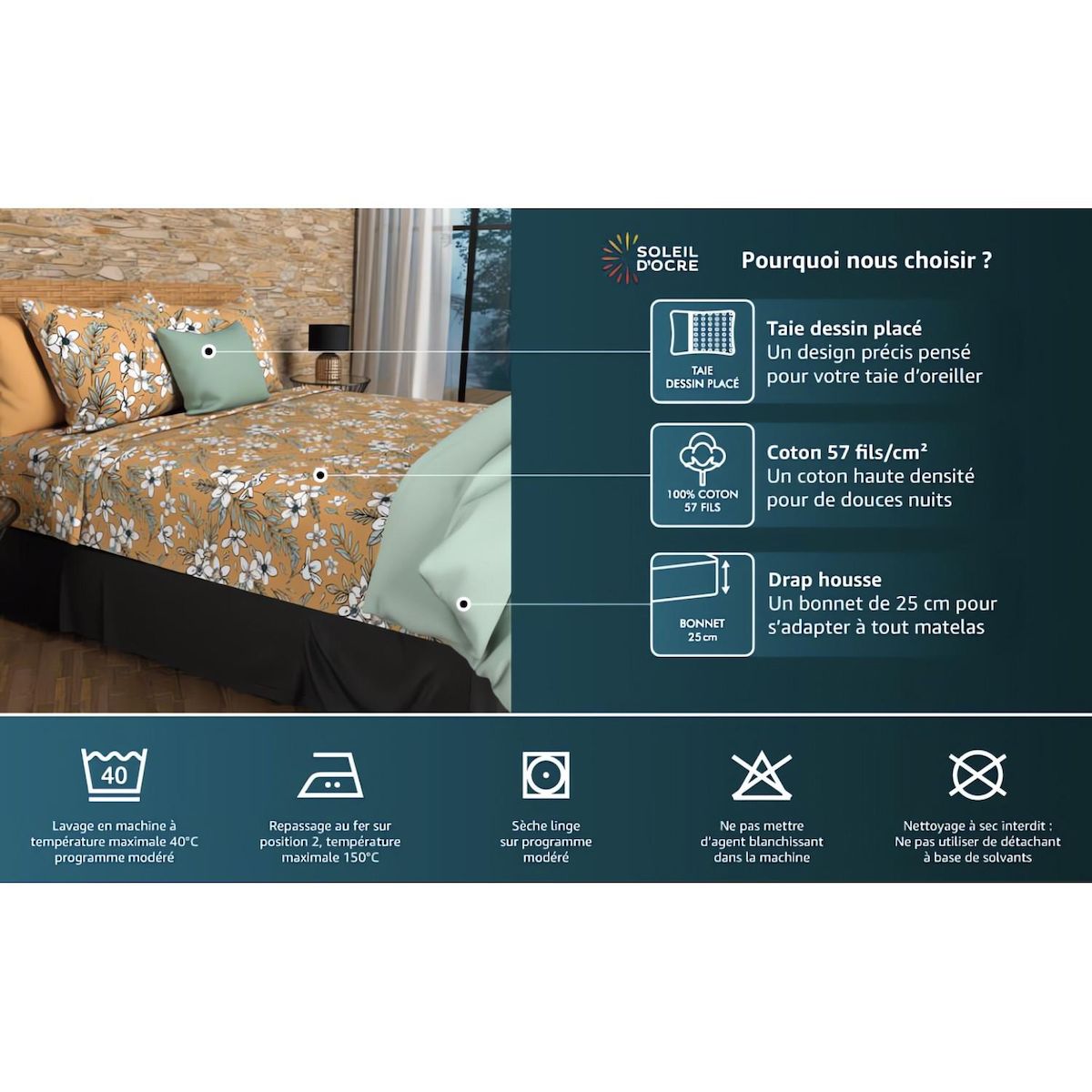 SOLEIL D'OCRE Parure de draps en coton 57 fils/cm2 SAFARI, par Soleil d'Ocre