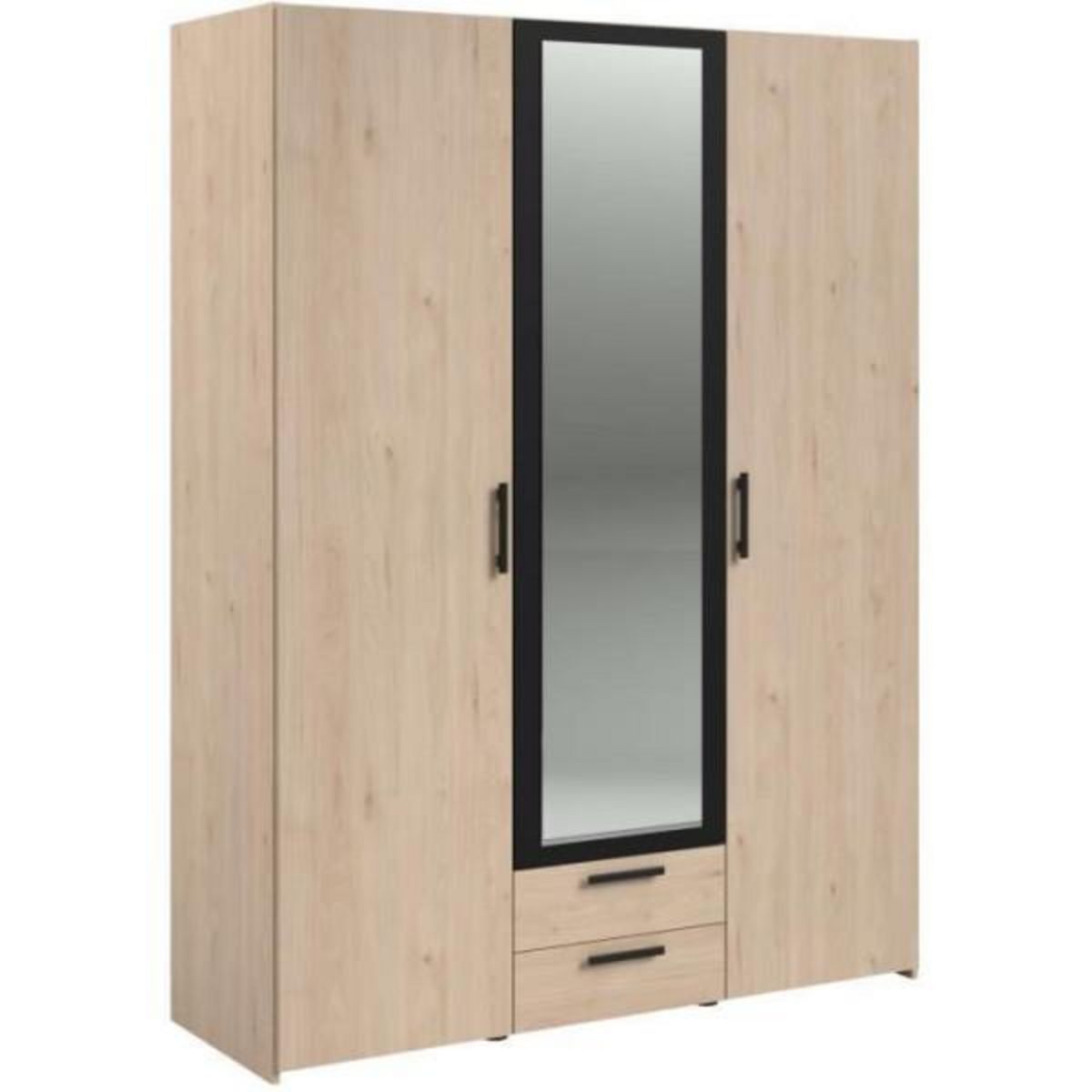 PARISOT Armoire VARIA - Décor chene et noir - 3 portes battantes + 2 tiroirs + 1 miroir - L 150 x H 200 x P 51 cm
