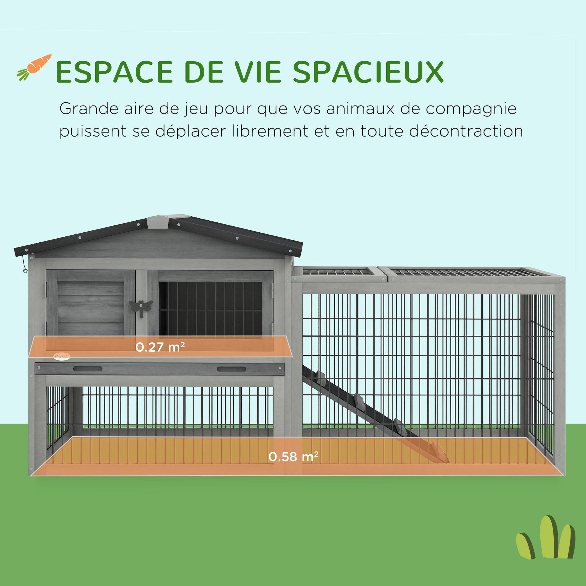 Voir la diapositive 5 : PAWHUT Clapier cage à lapins cottage - niche haute, rampe, enclos extérieur - plateau excrément, toit ouvrant, 2 portes verrouillables - bois gris