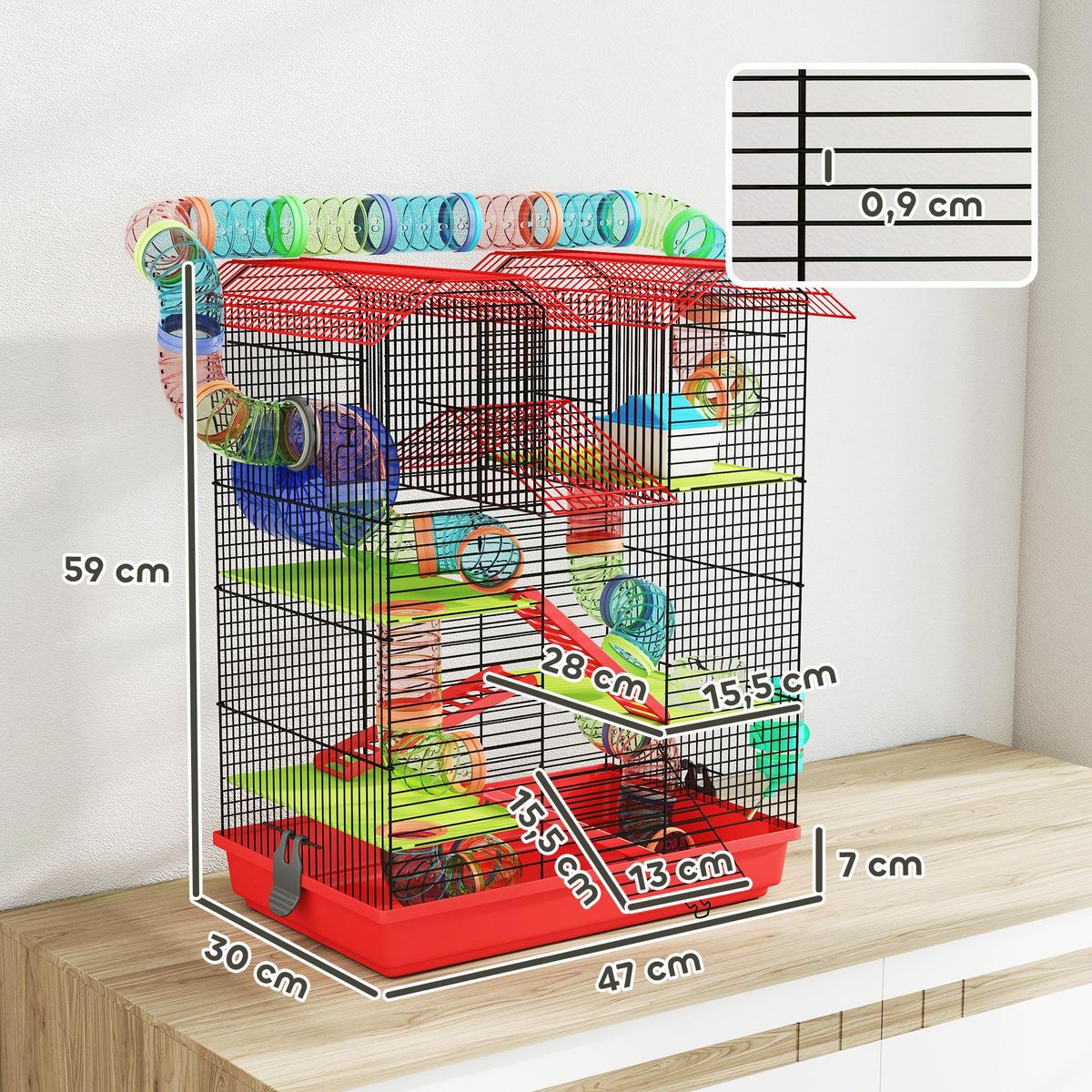 PAWHUT Cage pour hamster souris petits animaux rongeur avec tunnel mangeoire roue jouet 47 x 30 x 59 cm cm bleu