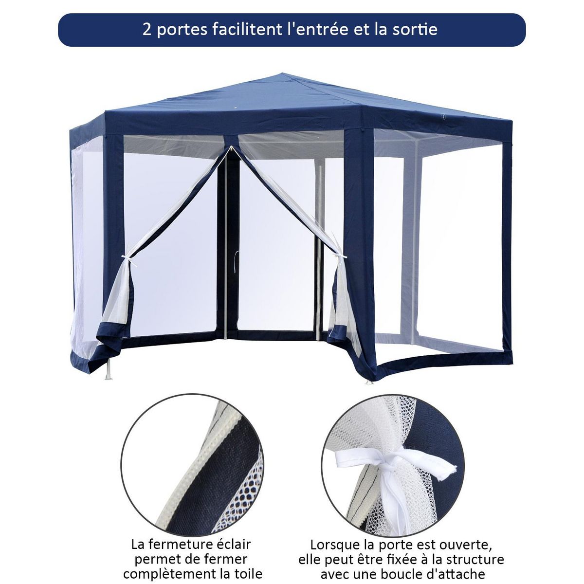 OUTSUNNY Tonnelle barnum tente de réception hexagonale 10 m² style cosy métal polyester imperméabilisé bleu blanc