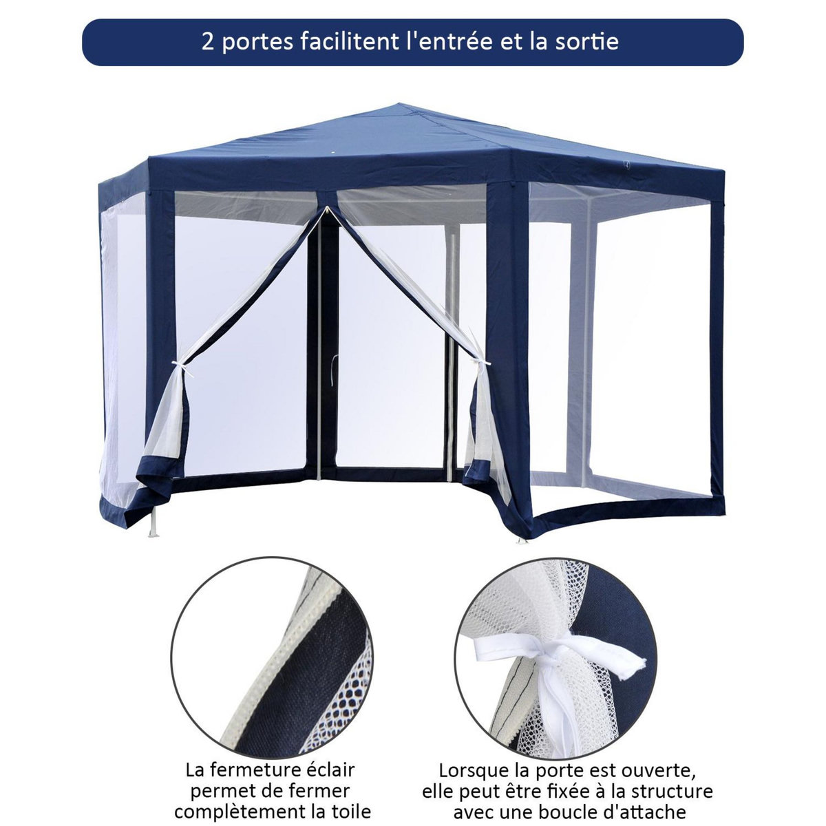 OUTSUNNY Tonnelle barnum tente de réception hexagonale 10 m² style cosy métal polyester imperméabilisé bleu blanc