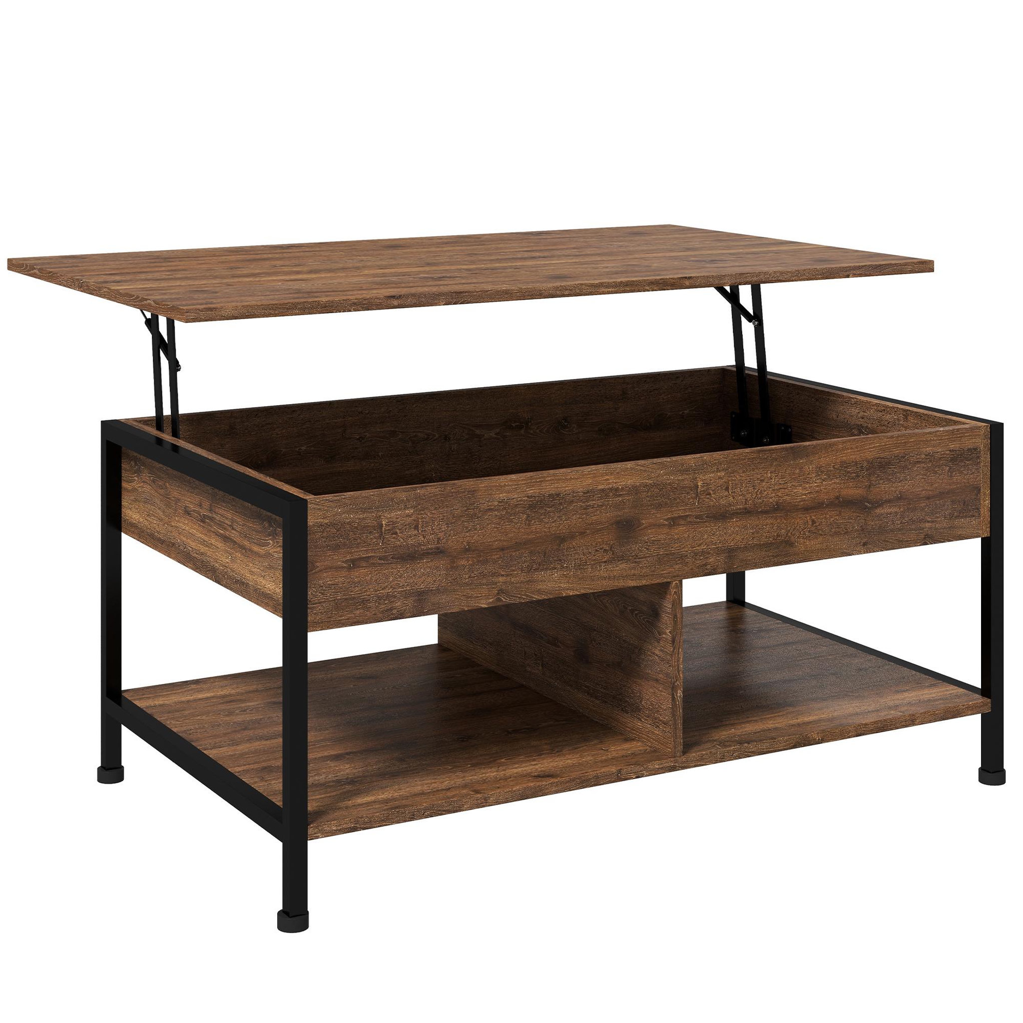 Voir la diapositive 1 : HOMCOM Table basse relevable - étagère inférieure, coffre de rangement - dim. 100L x 80l x 60H cm - aspect bois rustique noir