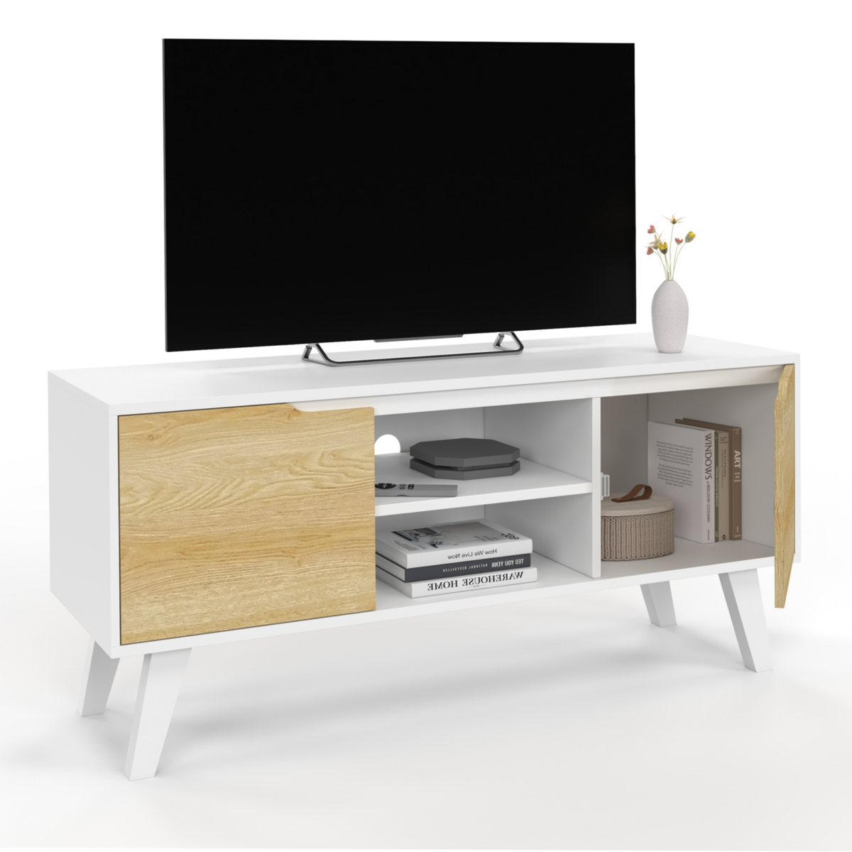 ID MARKET Meuble TV 110 cm FINN blanc 2 portes façon hêtre