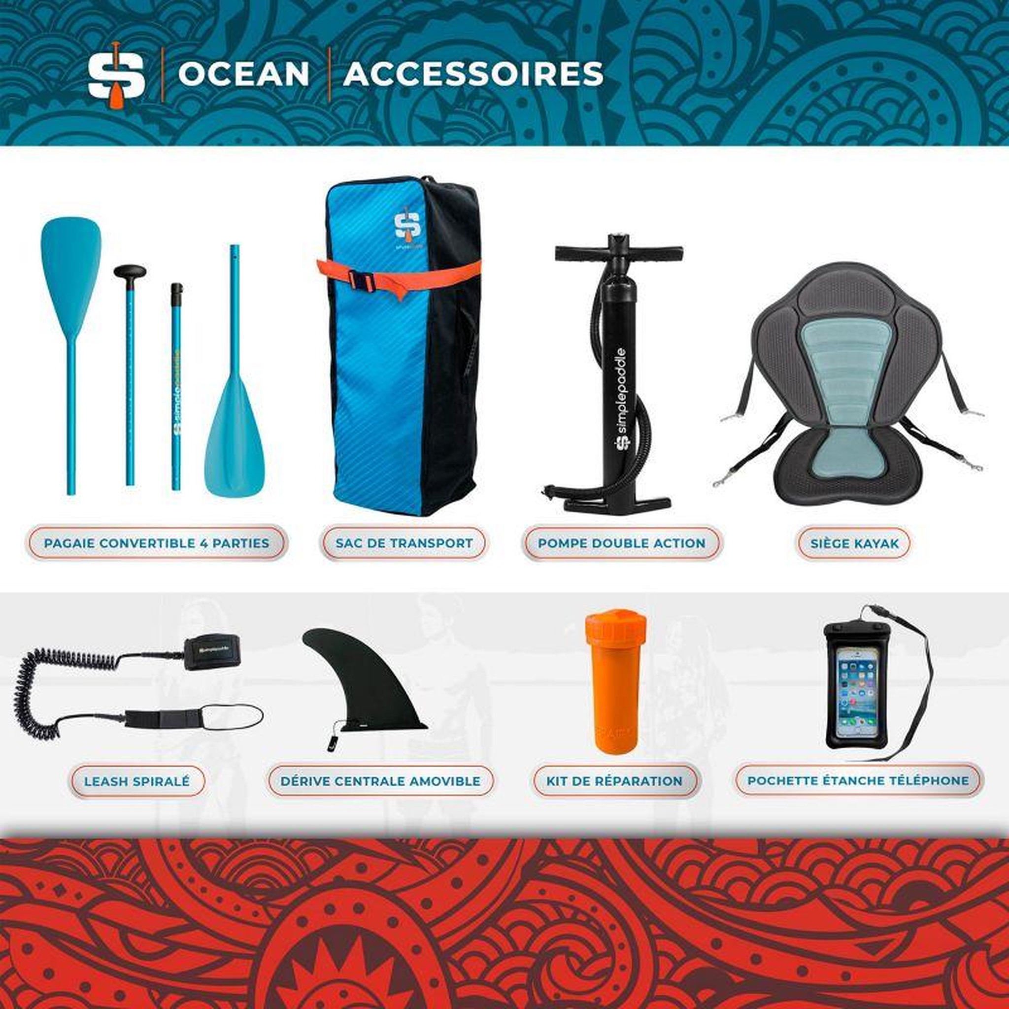 Voir la diapositive 5 : SIMPLE PADDLE Paddle gonflable OCEAN 10'6 (320 X 76 X 15 Cm) avec Pagaie, Siège, Leash, Pompe, Pochette téléphone et Sac de transport